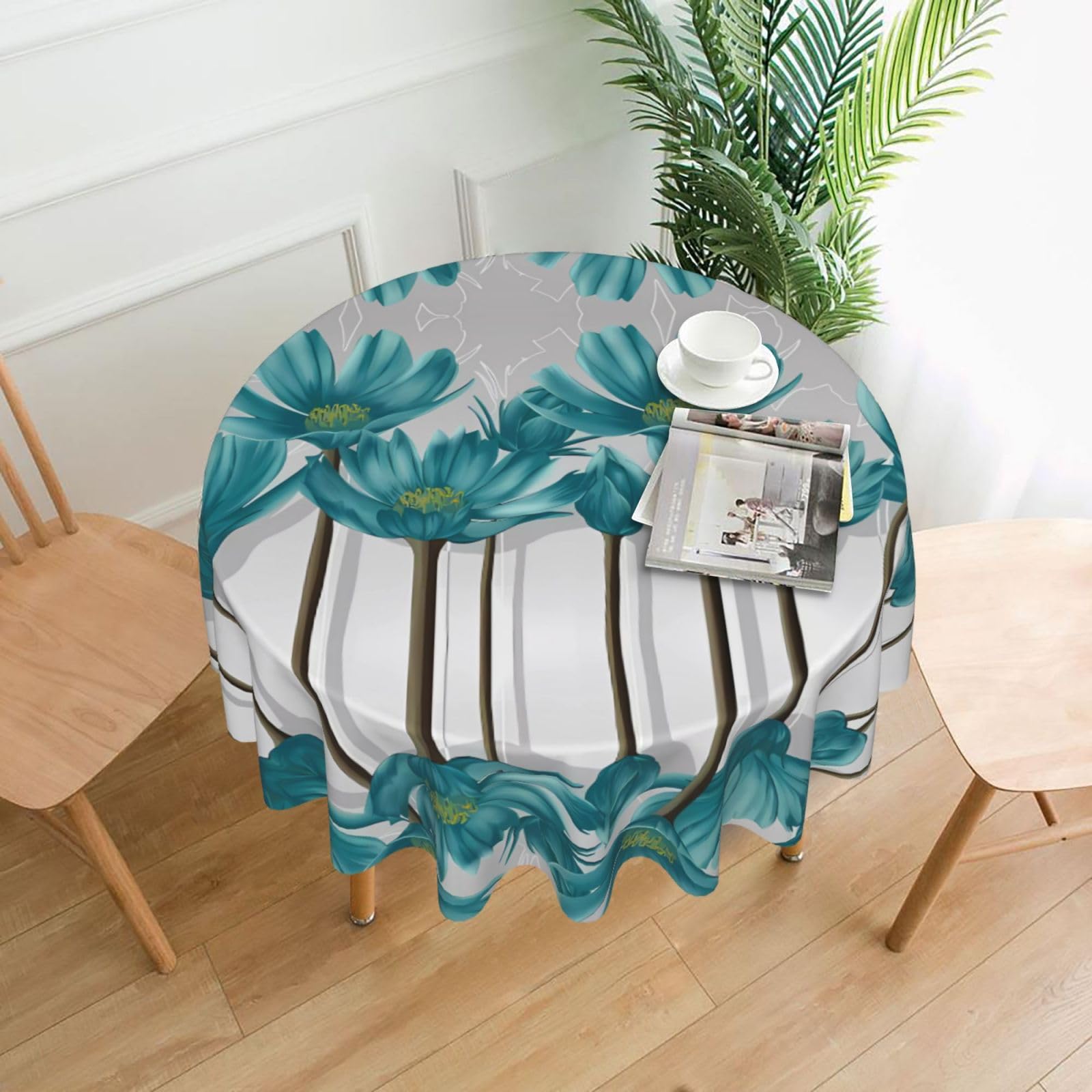 hhxvcv Teal Grey And White Floral Round Tablecloth – Dining Table Cover