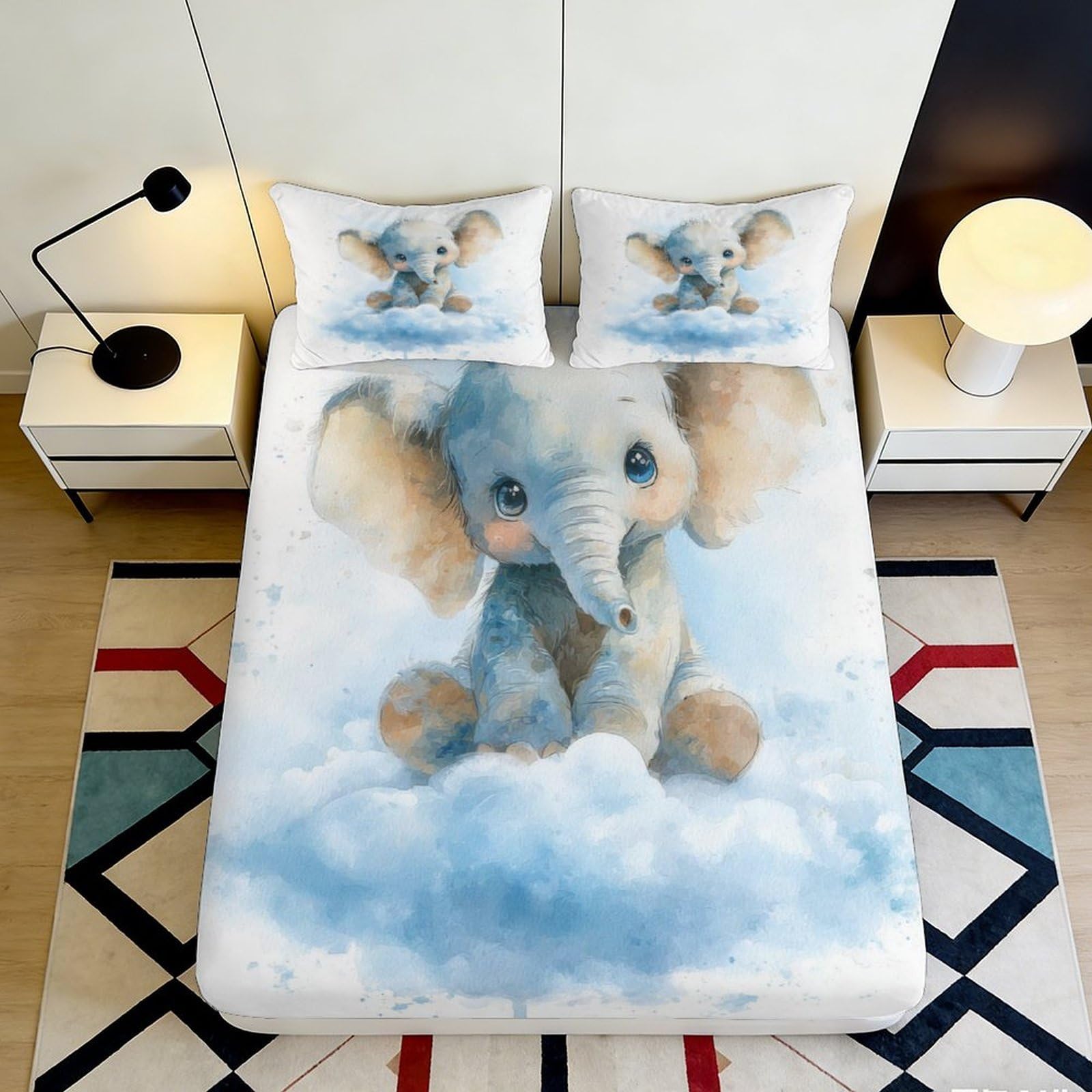 Dhbaneiok Style-2 3D Printed Cute Elephant Fitted Sheet Microfiber Soft Blue Clouds Bed Sheet Anti-Slip Machine Washable Bedroom Decor 90X200x25cm