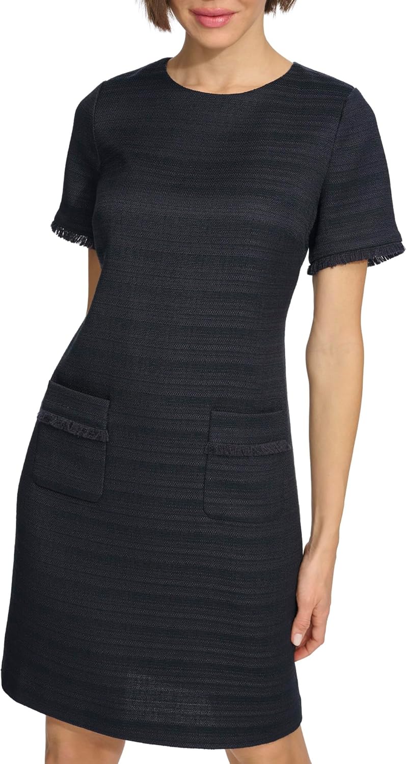 Tommy Hilfiger Womens Pleated Trim Short Sleeve High Neck Shift Mini Dress