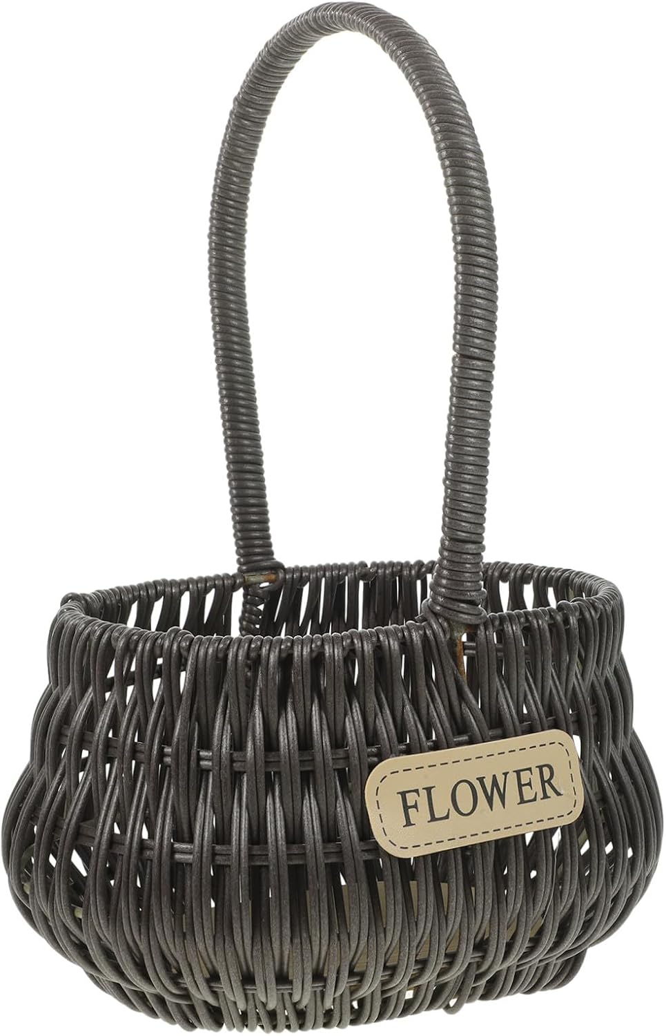 Ipetboom Woven Flower Arrangement Basket with Handle, Oval Handheld Decorative Flower Girl Basket, Black Gray Synthetic Rattan for Wedding and Home Decor