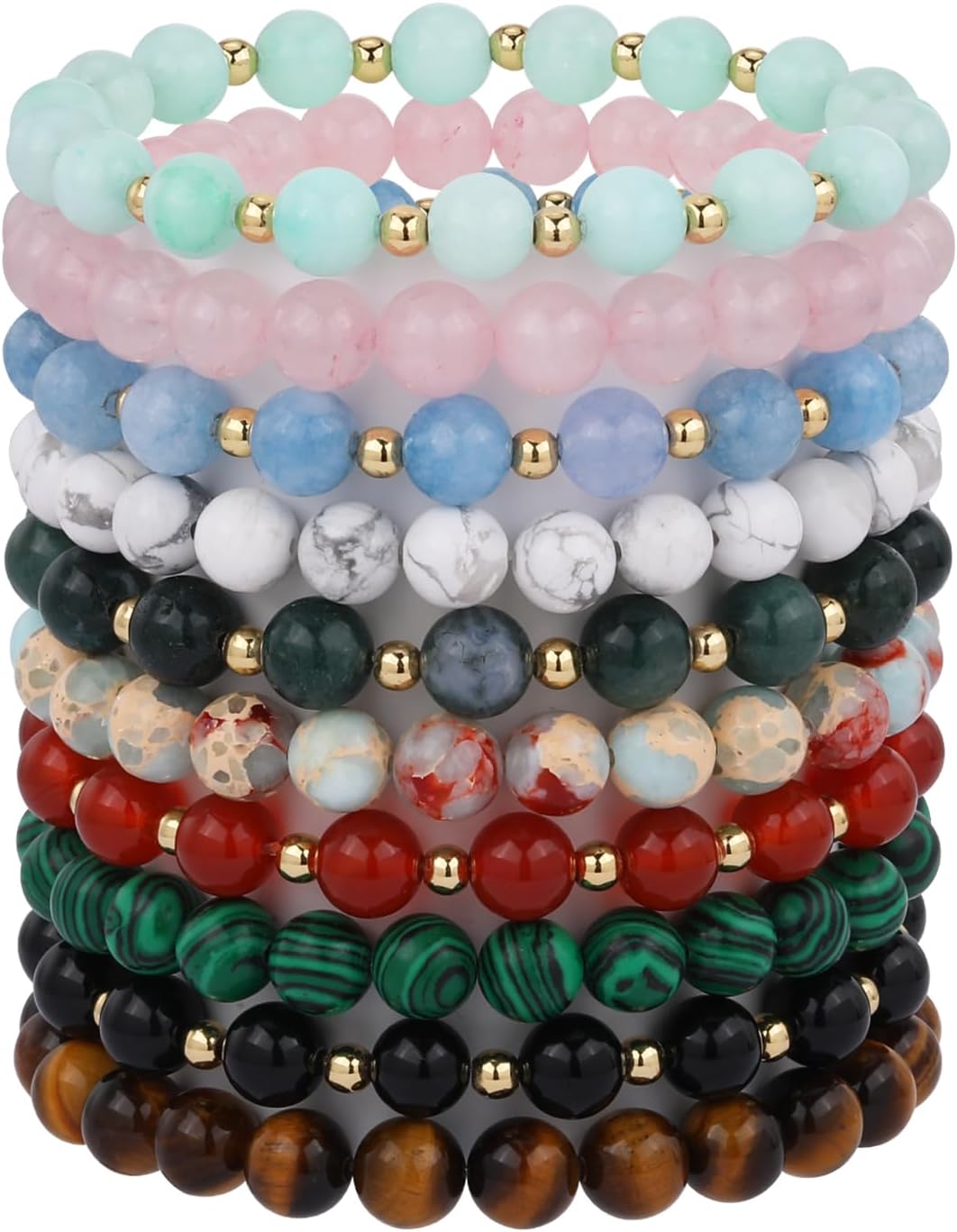 Ornaland 10 Pcs Beaded Bracelets Surfer Stretch Natural Stone Bracelet Stackable Bracelets Set Elastic Beach Bracelets Wrist Jewelry for Women Men,8mm