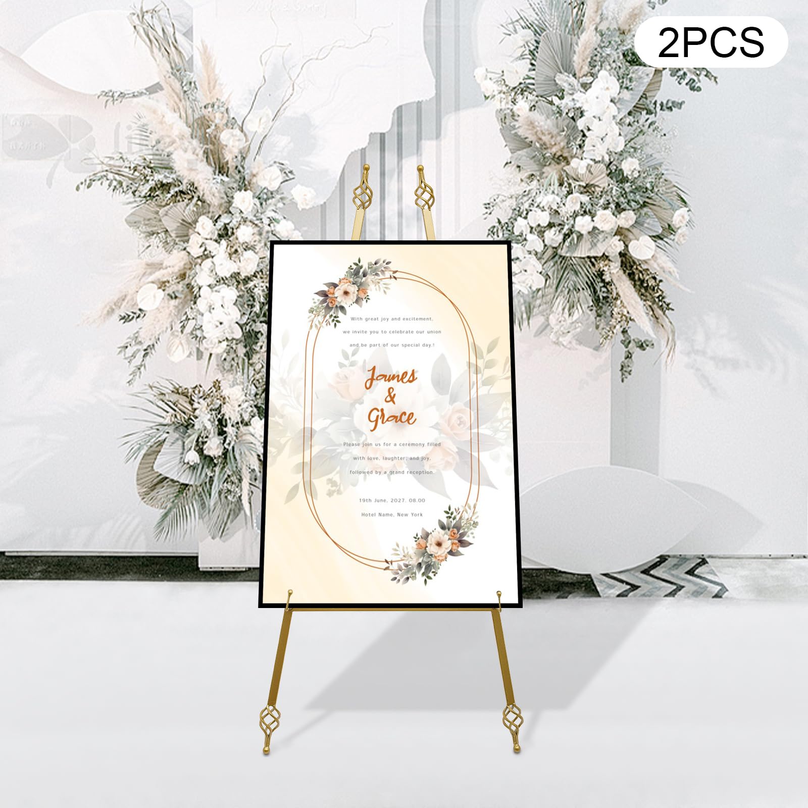 2 Stück Portable Staffelei Ständer, Bodenverstellbares Metall Gold Staffelei Stand, Verstellbares Stativ Hochzeitsschild Poster Werbung Display, 48 * 110cm