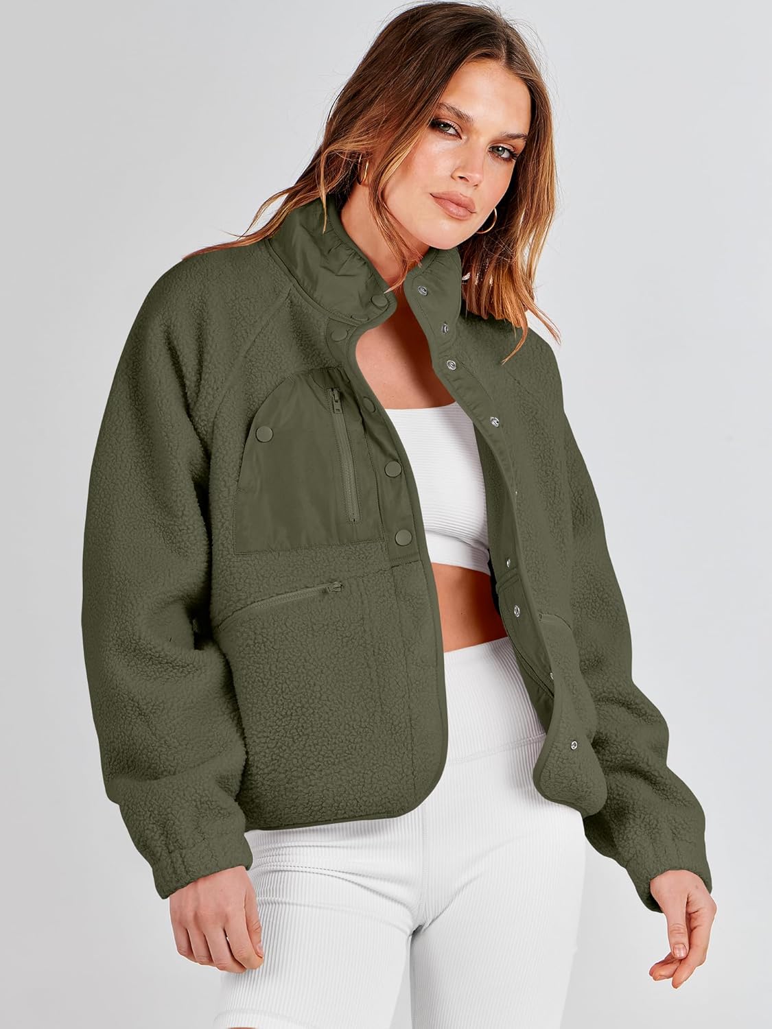 ANRABESS Womens Fuzzy Fleece Jacket Fall Casual Long Sleeve Cropped Sherpa Button Down Shacket Coats Outwear With Pockets - Image 8