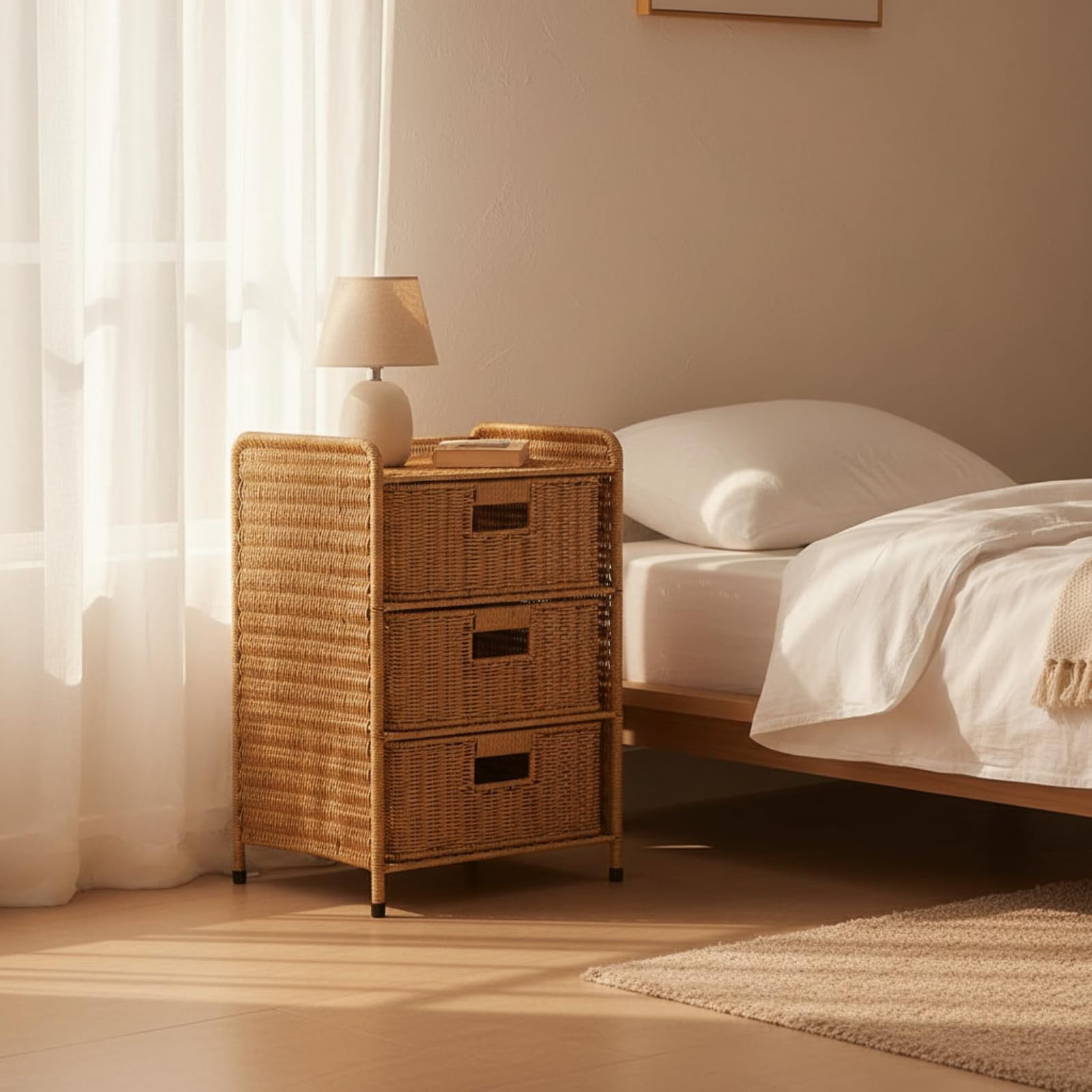 Comodino con Cassetti Facile da Pulire Mobile in Finto Rattan Moderna Comodino Intrecciato per Soggiorno