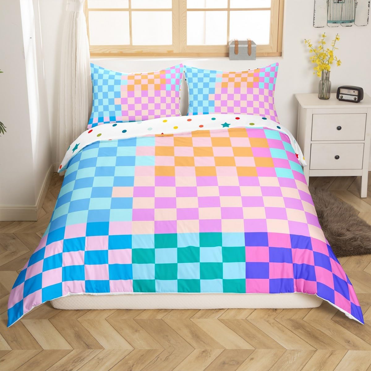 Colorful Plaids Geometric Kids Duvet Cover Set Queen Size,Abstract Checkered Patchwork Art Bedding Set,Boys Girls Room Decor,Checkered Latticed Modern Chic Quilt Cover,2 Pillowcases(No Comforter)
