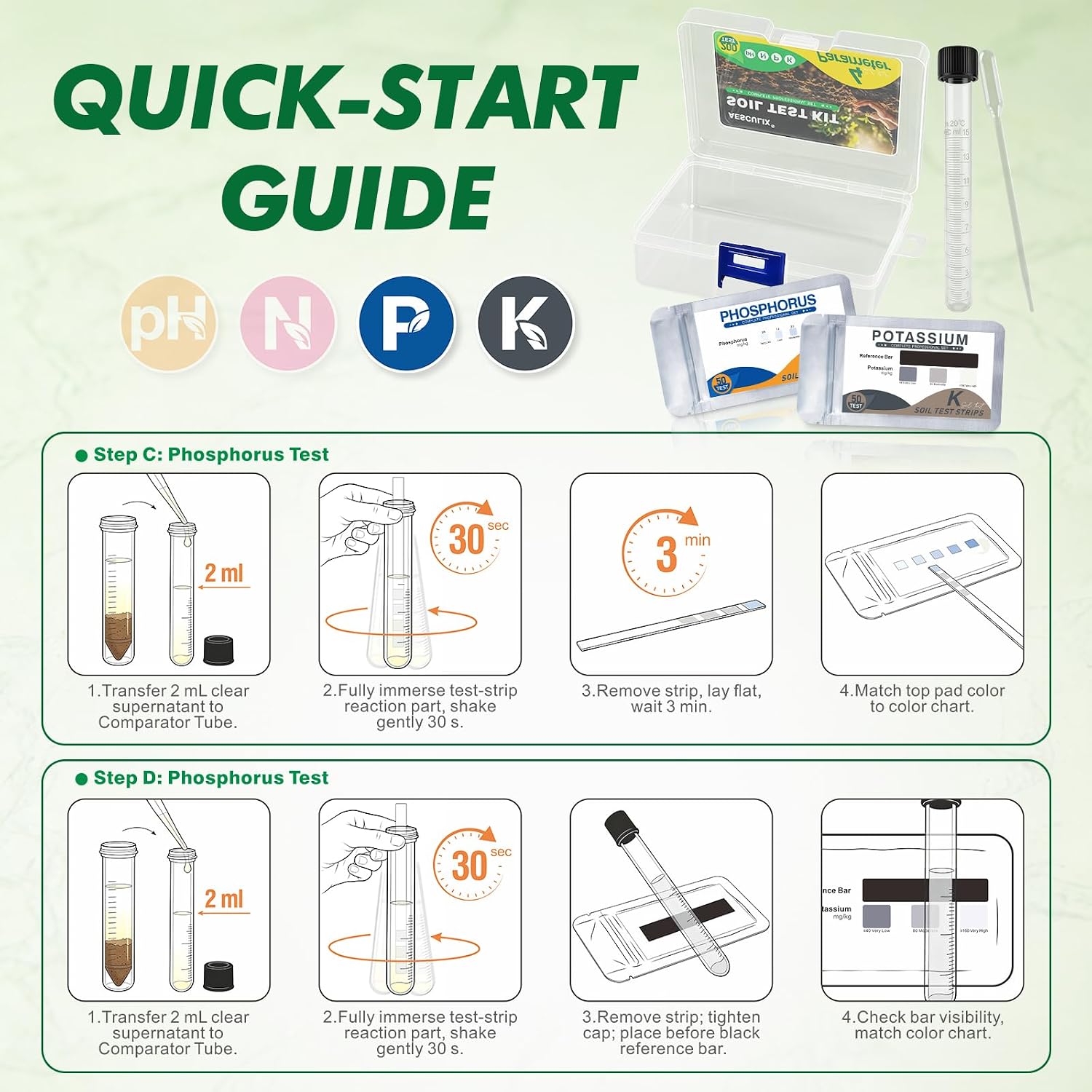 Soil Test Kit, pH Nitrogen Phosphorus Potassium Test Strips, 200 Tests