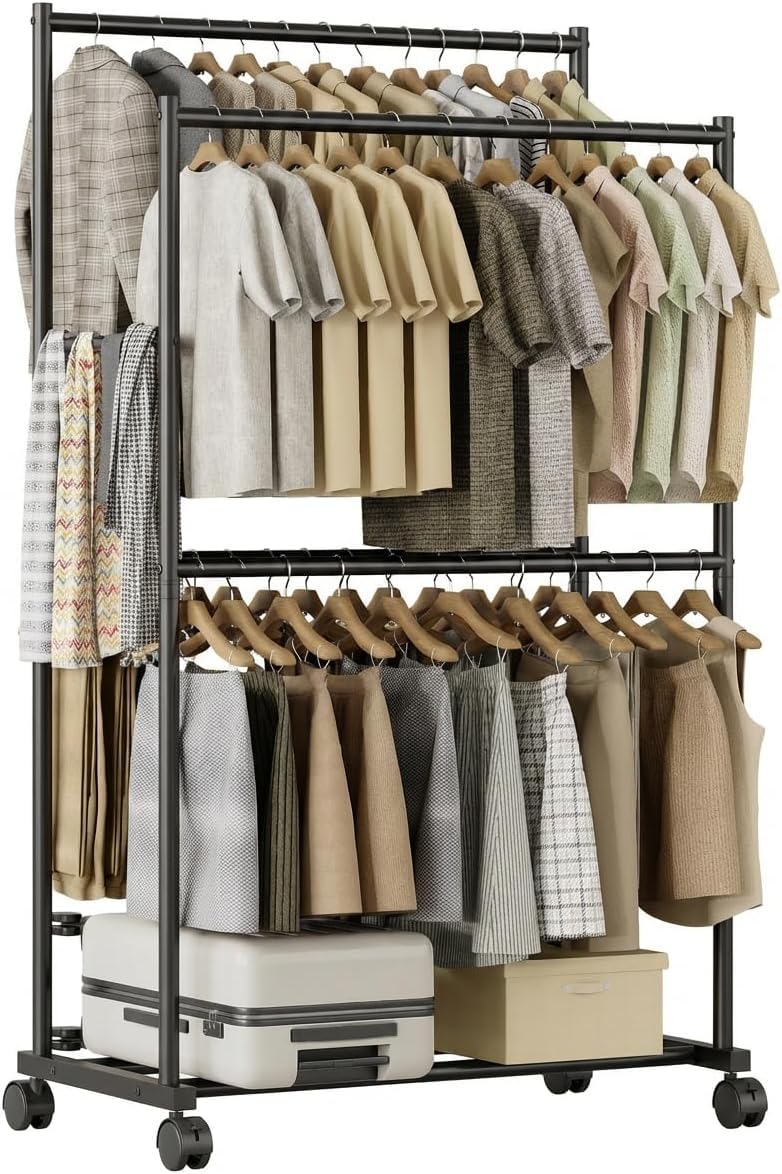 Photo 1 of **MISSING SCREWS AND HARDWARE** Tujurich Clothes Rack - 36.2" x 21.3" x 72", 4-Bar Double Rod Rolling Metal Clothing Rack for Hanging Clothes, Portable Garment Rack with Wheels for Bedroom Laundry, Closet Wardrobe, Black