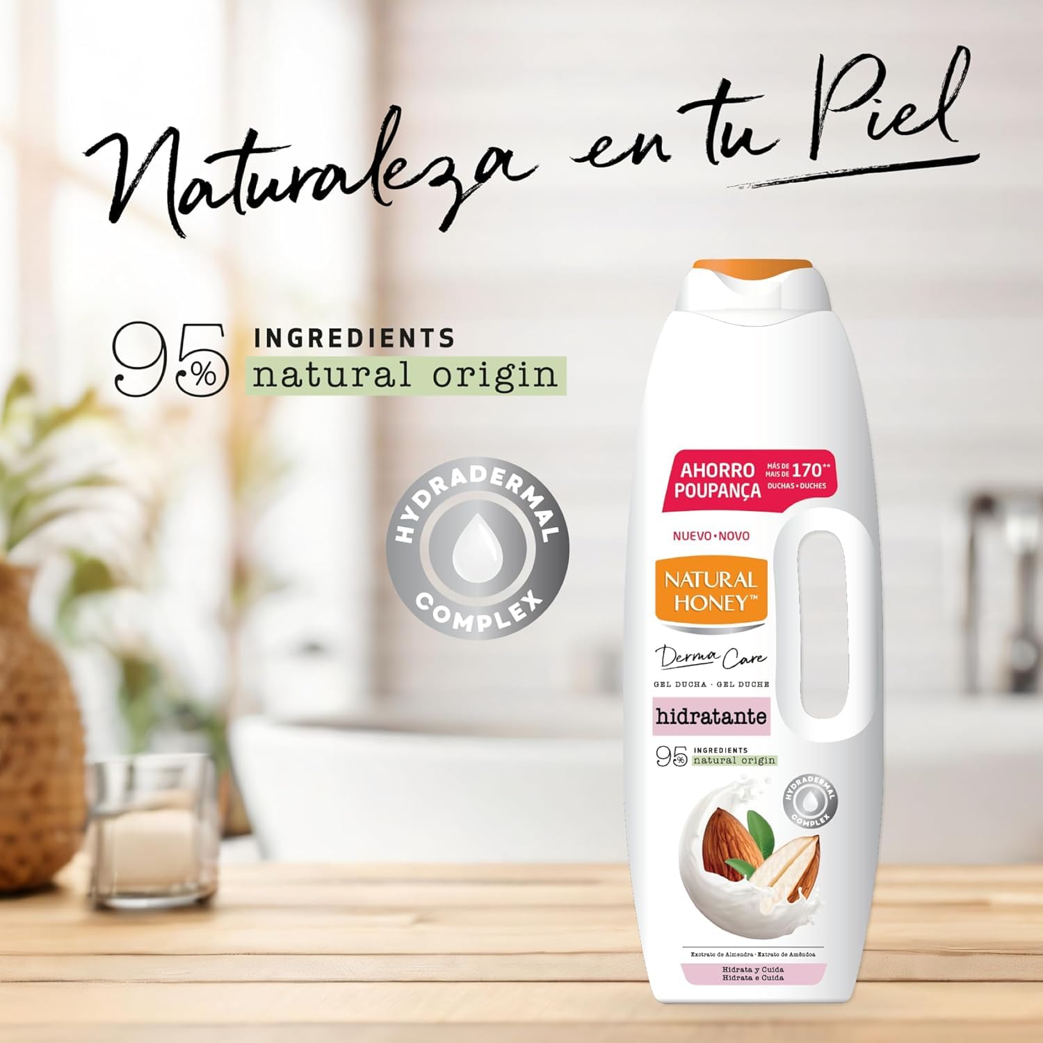 Natural Honey, Gel de Ducha Hidratante con Extracto de Almendras y Hydradermal Complex, Hidratación Intensa y Duradera para una Piel Suave, Fresca y Protegida, Línea Derma Care, 1350 ml