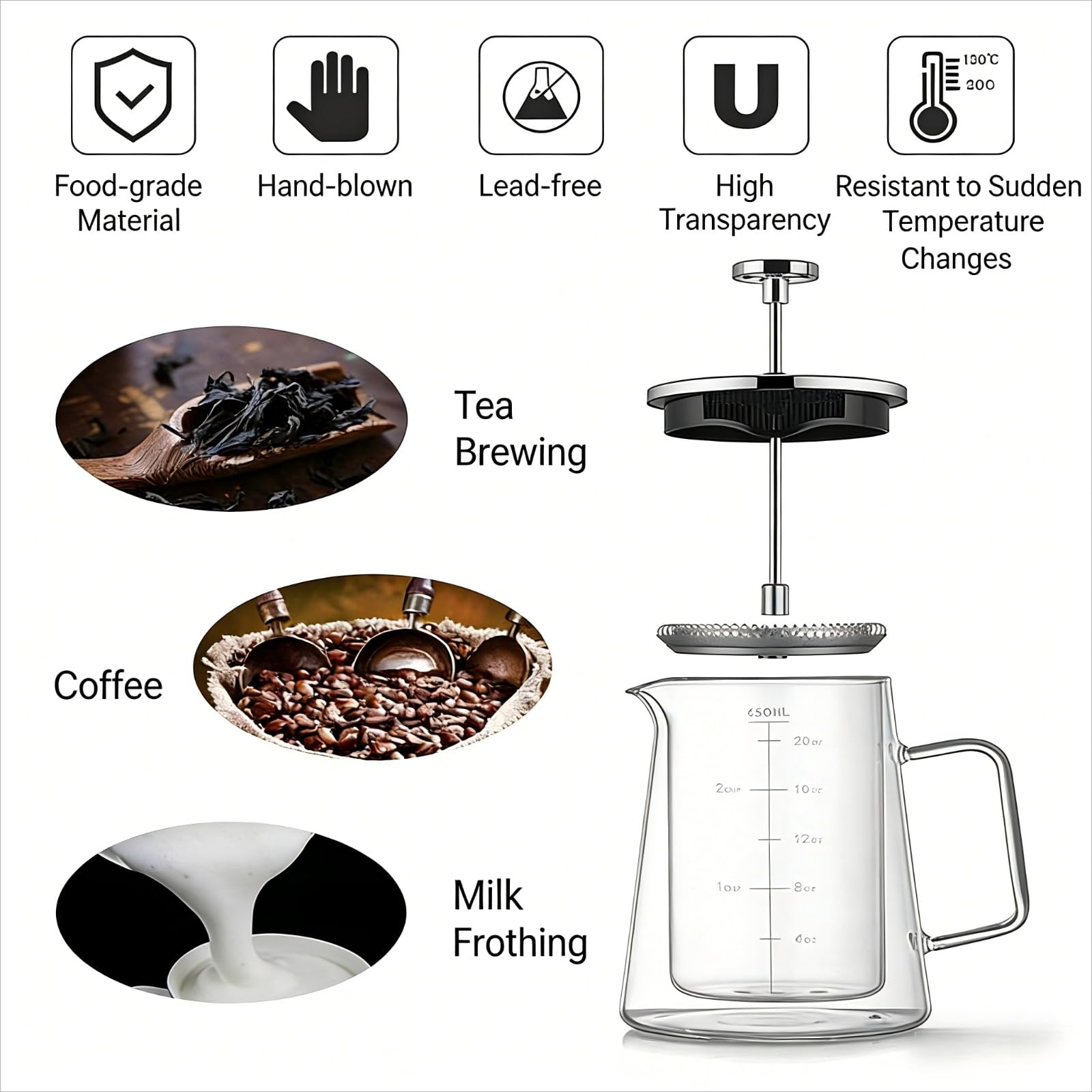 Francuski dzbanek do kawy 650 ml żaroodporne szkło borokrzemowe przenośny filtr do podróży do domu prezent kawa herbata można myć w zmywarce (650ml)