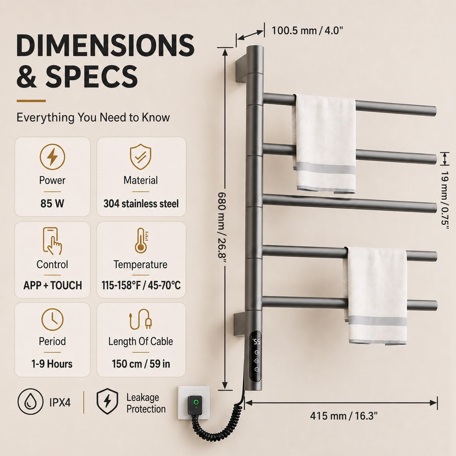 BANGBANGJI Timer Smart, Scaldasalviette Elettrico per Bagno Moderno White
