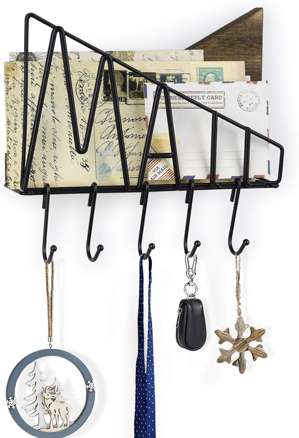 SRIWATANA Letter Mail Holder Wall Mount, Rustic Bill Mail Organizer Hanging Key Holder with Five Removable Hooks