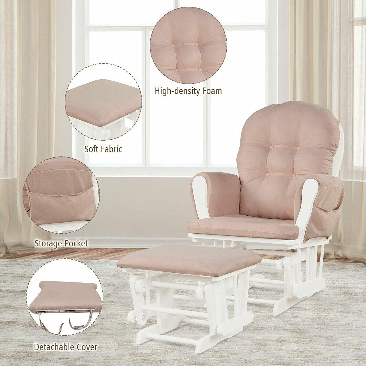 Pink Rocking Maternity Chair Comfortable Nursery Glider With