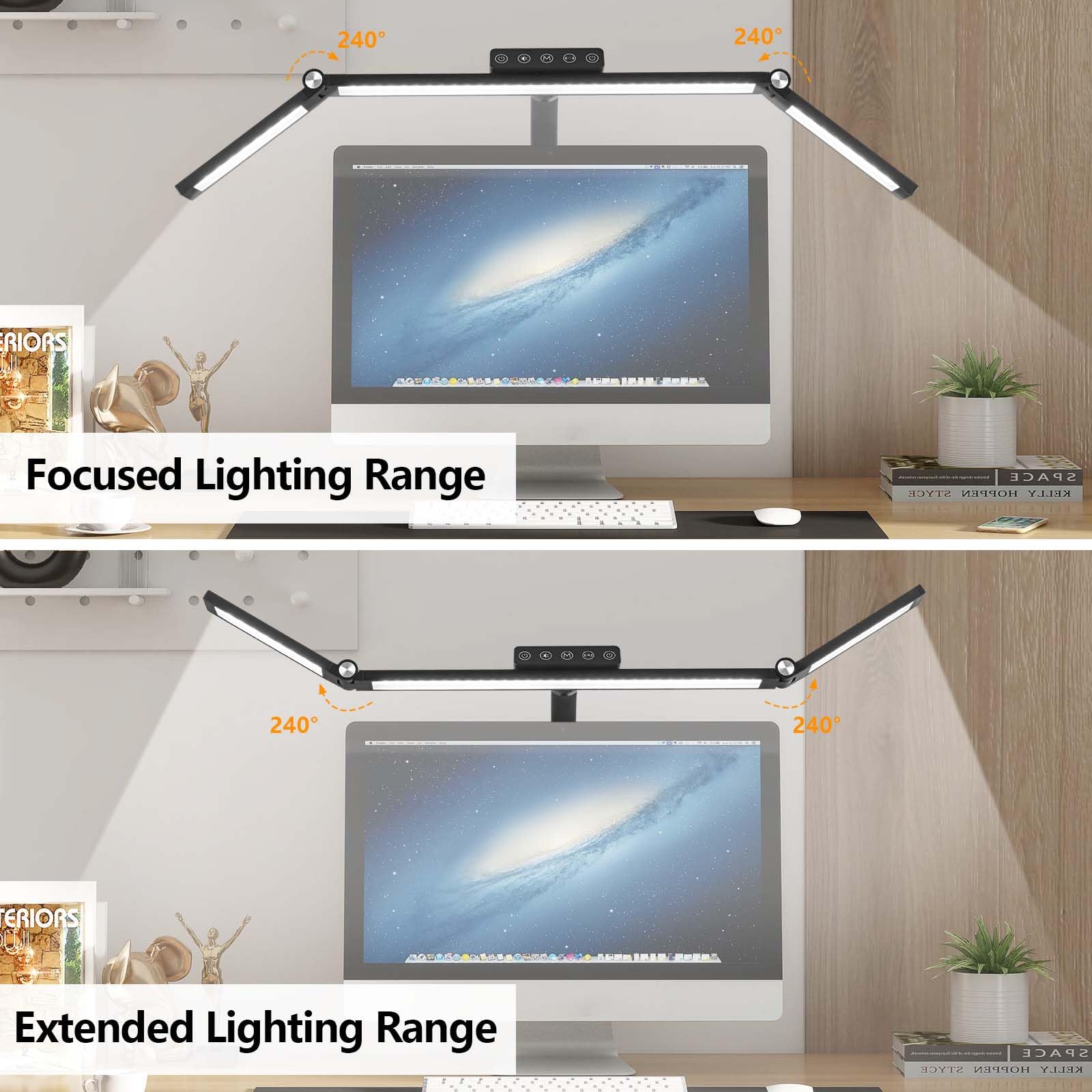 Lampada da Scrivania a LED, 24W Doppia Testa Luce per Monitor PC, Super Larga e Luminosa, 5 Temperatura Colore e 5 Livelli Luminosità