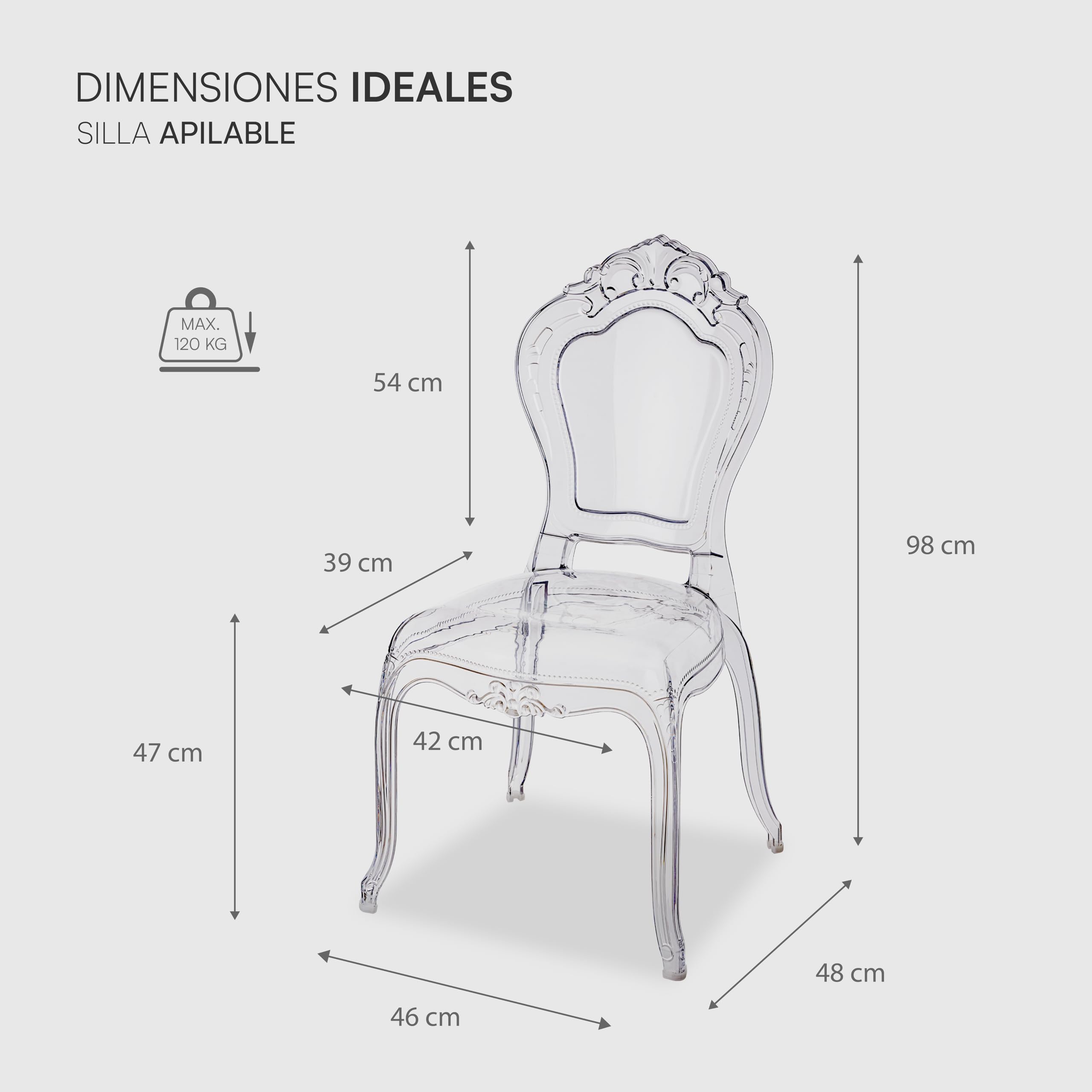 Baroni Home Set de 4 Sillas de Policarbonato Transparente, Asiento de Diseño Elegante Apilable e Impermeable para Sala de Estar, Comedor, Dormitorio, 48X46X98 cm, Esmerli