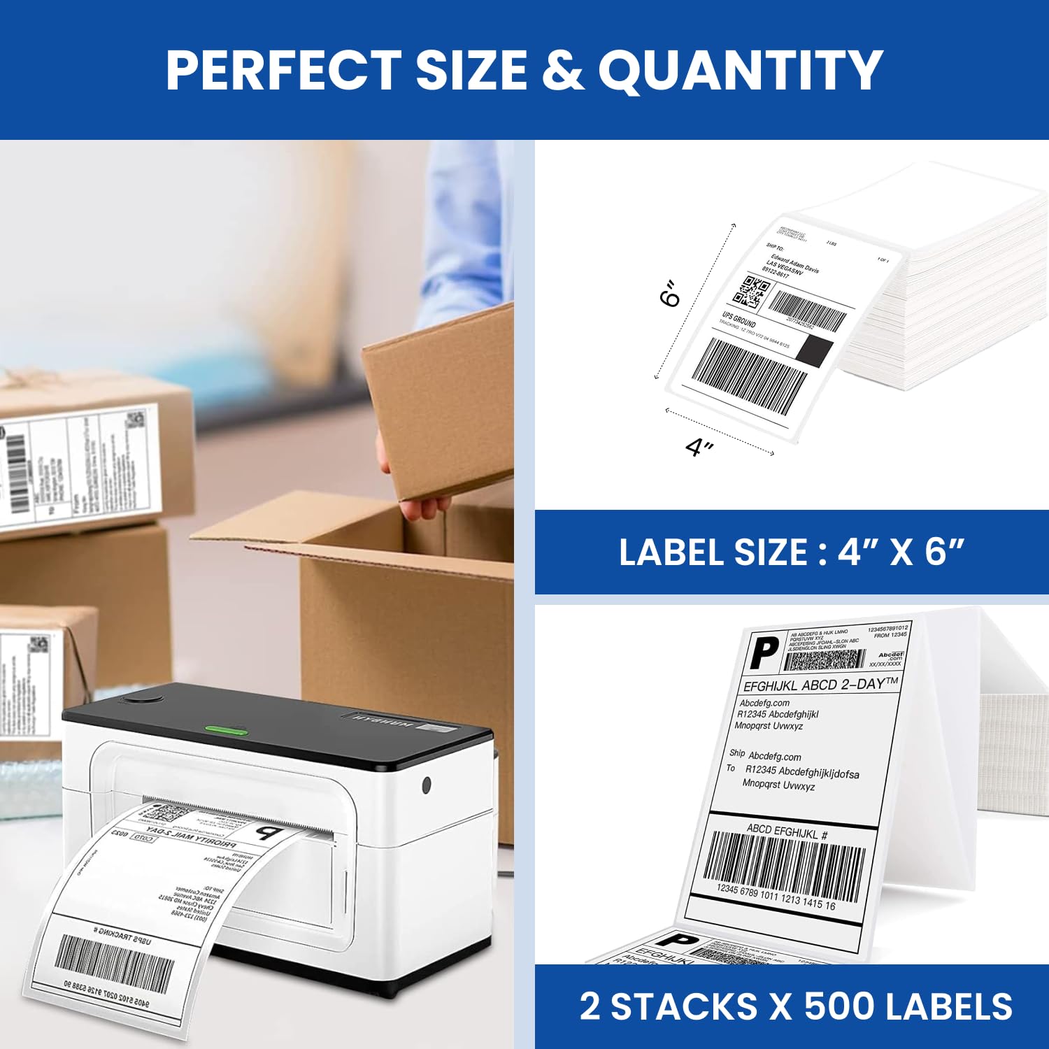 BEEKAY Confezione da 1000, 4 x 6 etichette bianche termiche per spedizioni postali perforate, adesivo forte, di grado commerciale, compatibile con stampanti come Rollo, MUNBYN, Zebra, Polono,iDRPT