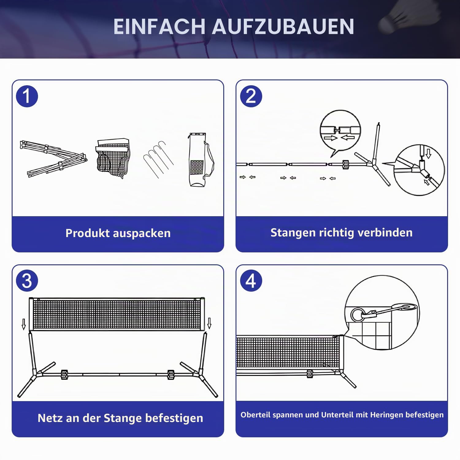 BAGAIL Sportnetz mit Pickleball- und Badminton-Sets, 5.2m | höhenverstellbares Netzsystem, tragbare Transporttasche, Aufbau ohne Werkzeug, ideal für Volleyball, Pickleball und Tennis