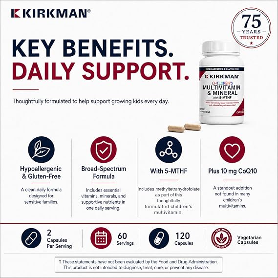 Kirkman - Children's Multivitamin & Mineral - 120 Capsules - with 5-MTHF - Potent Broad Spectrum Vitamin/Mineral Supplement - Hypoallergenic