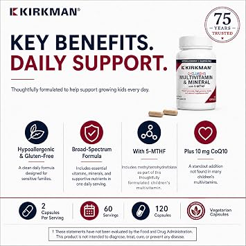 Kirkman - Children's Multivitamin & Mineral - 120 Capsules - with 5-MTHF - Potent Broad Spectrum Vitamin/Mineral Supplement - Hypoallergenic