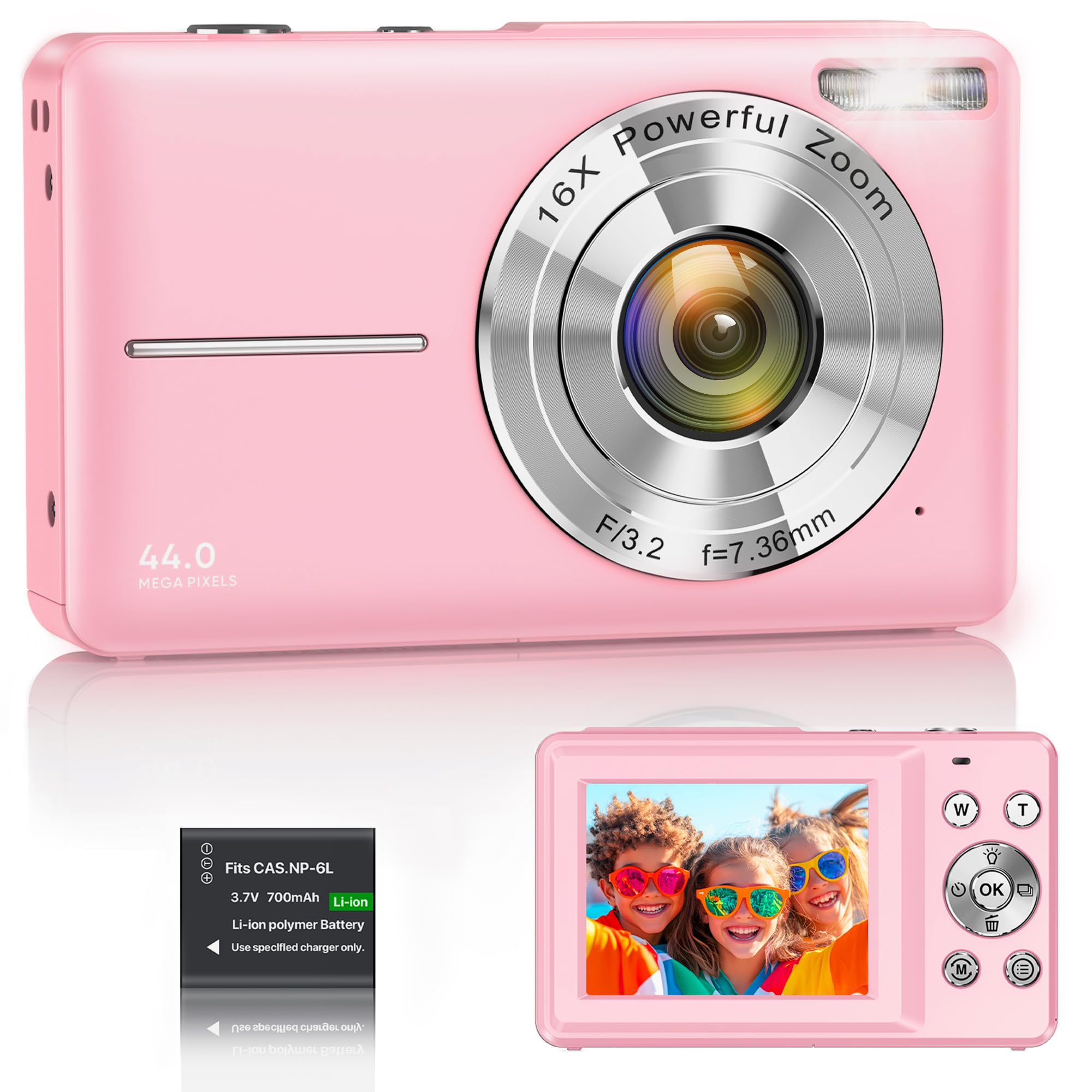 Digital Camera 1080P 44MP Vlogging Camera for Kids Teens, FHD Compact Portable Photo Camera with 2.4" Screen 16X Zoom, Anti-shake Mini Camera for Beginners Students Boys Girls-Pink（No SD Card) - 1