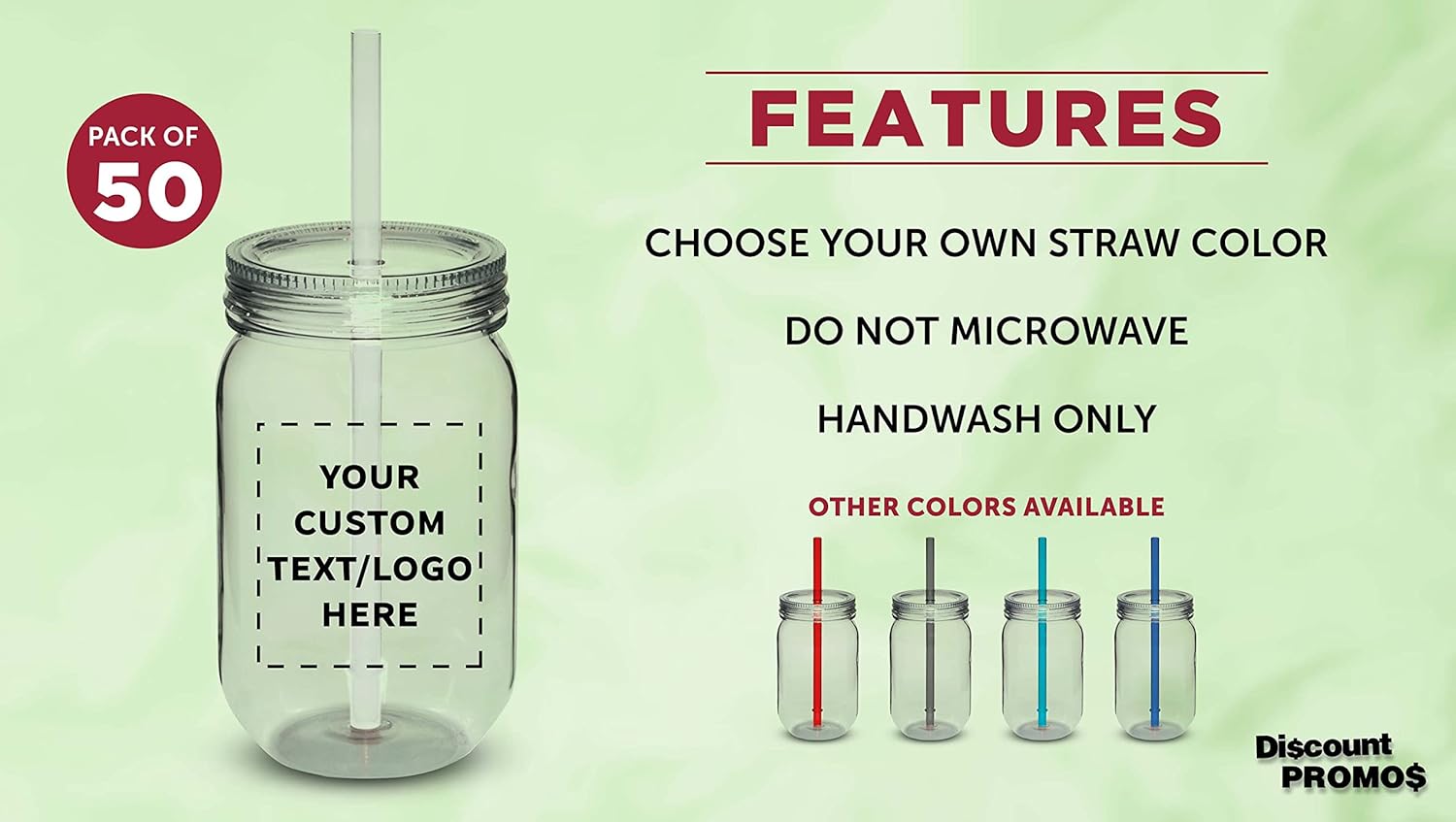 DISCOUNT PROMOS Custom Plastic Mason Jars with Straw Set 24 oz. Set of 50, Personalized Bulk Pack - Jars for Overnight Oats, Candies, Fruits, Pickles, Spices, Beverages - Clear