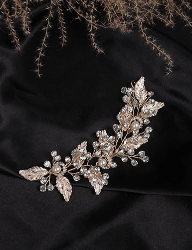 Miniatura 6 de BERYUAN Juego de aretes de diadema con diamantes de imitación de perlas para novia, diseño de hojas de champán, accesorios para el cabello de boda