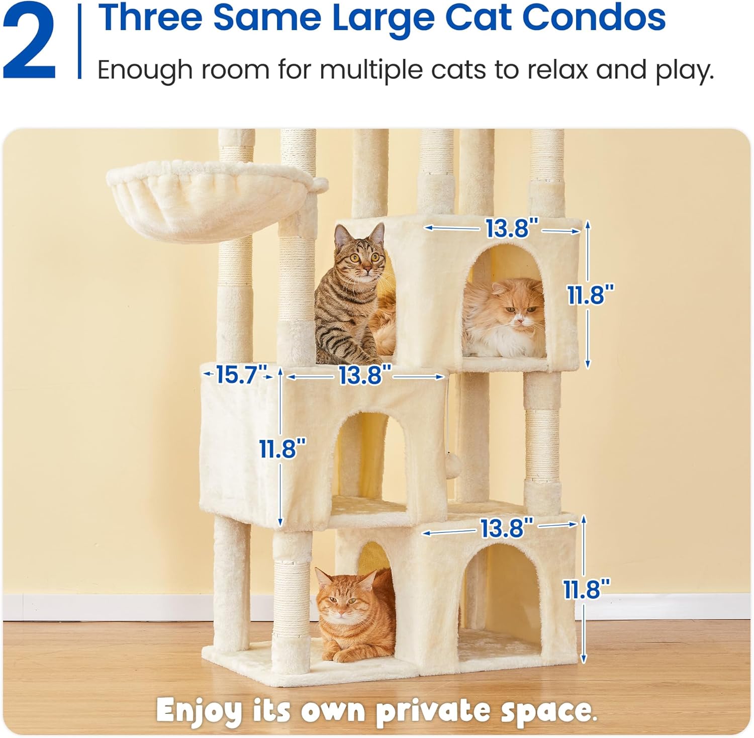 MWPO Large Cat Tree for Indoor Cats, 63-inch Cat Tower with 3 Cat Condos, Scratching Posts, Padded Perches, Hammock, Dangling Toys, Beige
