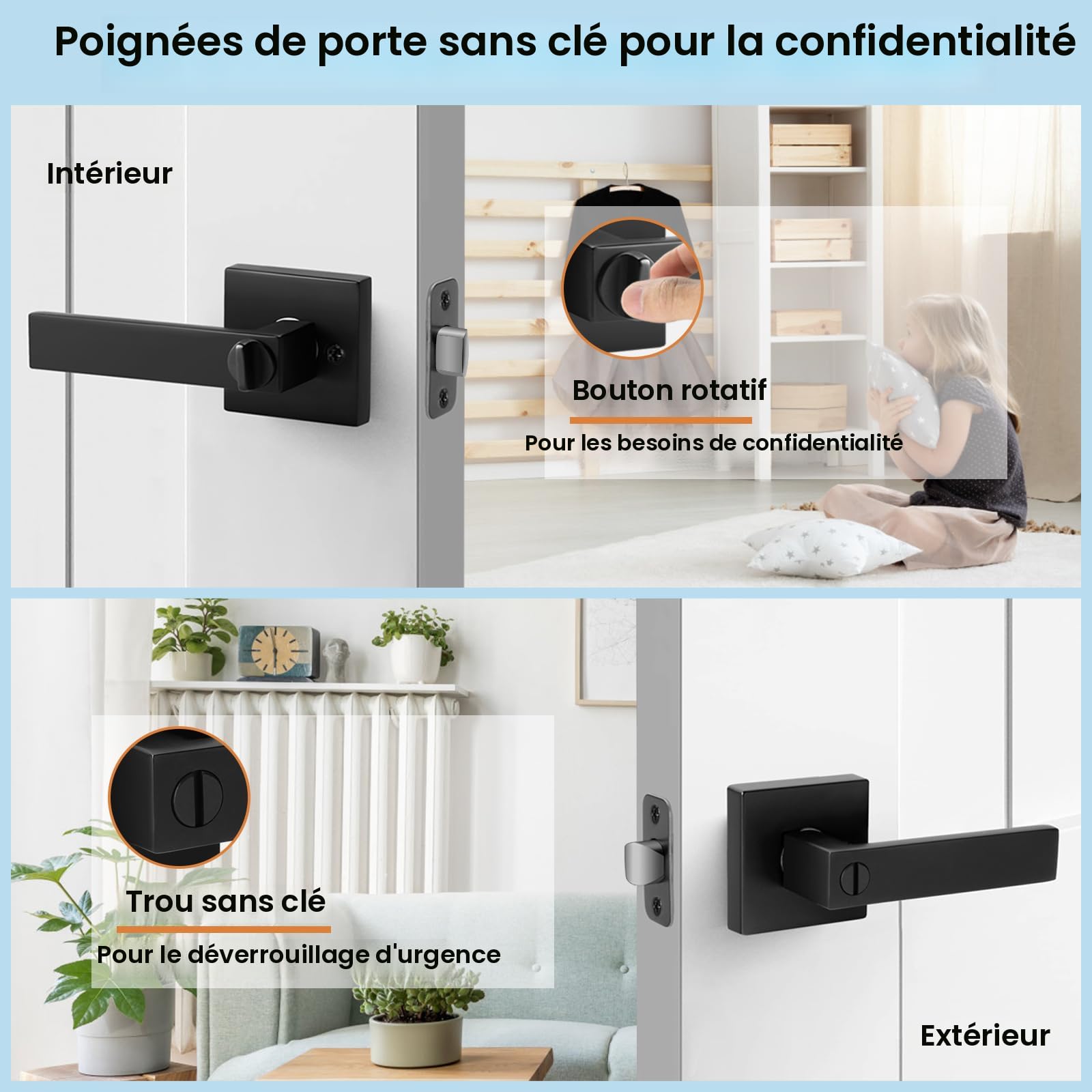 Linkaa Serrure De Porte Pour Chambre à Coucher, Salle De Bain, Poignées à Levier D'intimité, Poignées De Porte Carrées Noires Mates Avec Serrure
