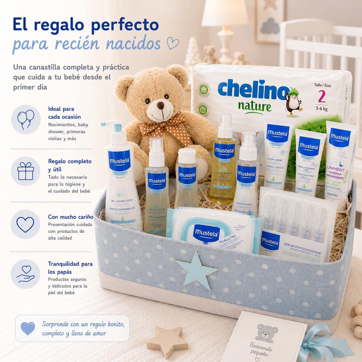 Canastilla Bebé Super Pack | Cesta Regalo Bebé y Recien Nacido | Higiene y Baño con Peluche Osito Beige, Gel, Champú, Colonia, Bálsamo, Aceite Masaje, Toallitas y Pañales (Azul)