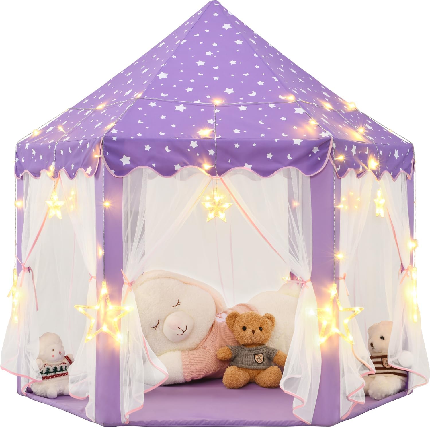 Pink Princess Tent for Girls With LED Small Star Lights, Castle Playhouse for Children Toddlers Indoor Outdoor Games, 5553 Inches