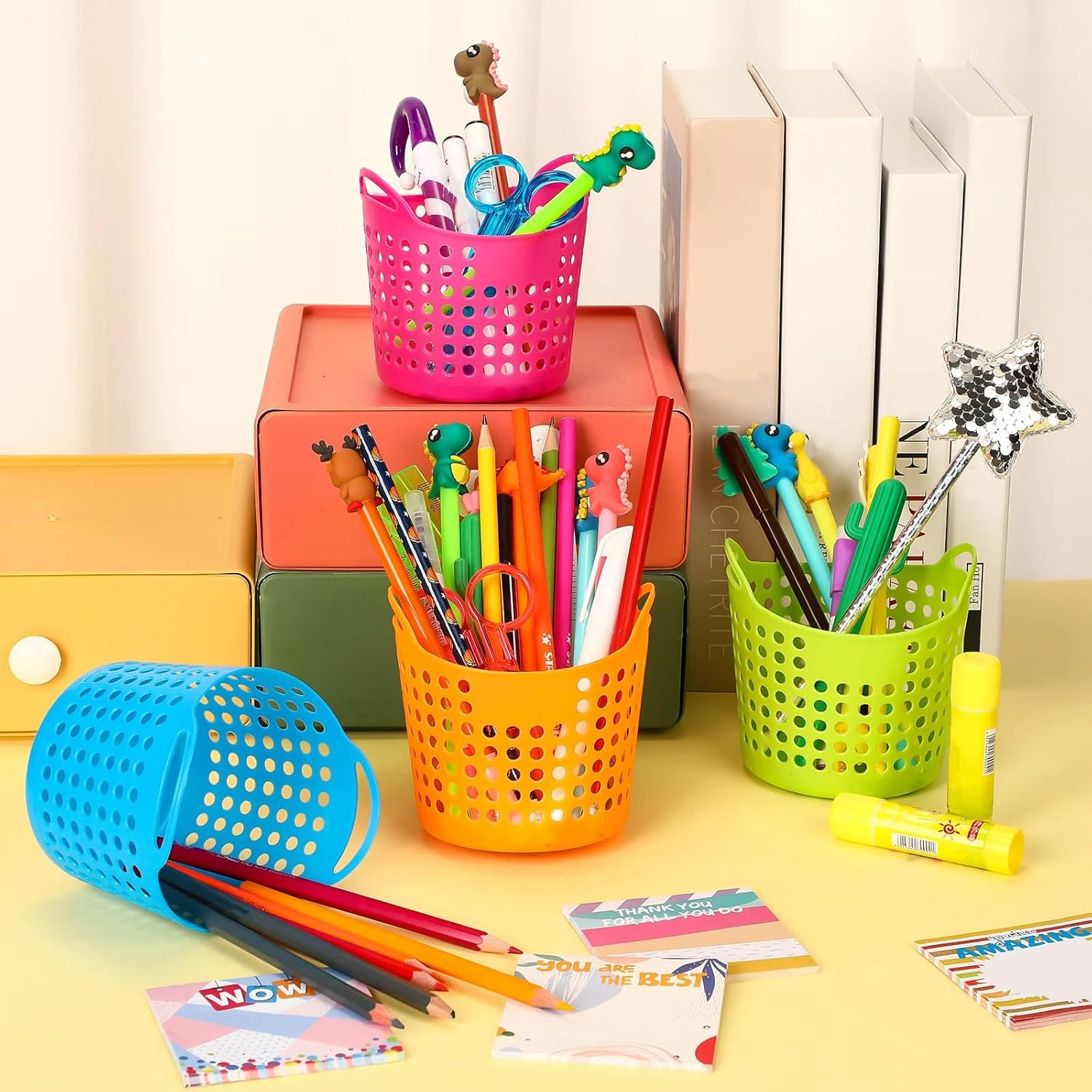 Jexine 32 Pcs Pencil Cup Bulk Pencil Basket Cute Pen Holder Organizer Stationery Caddy Different Pen Cup for Office School Home Supplies, 4 Colors
