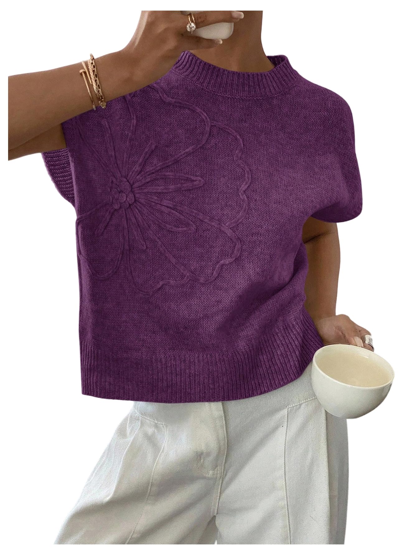 SOLY HUX Womens Short Sleeve Sweater 3D Floral Sweaters Pullover Tank Tops Knit Vest Trendy Fashion Clothing Red