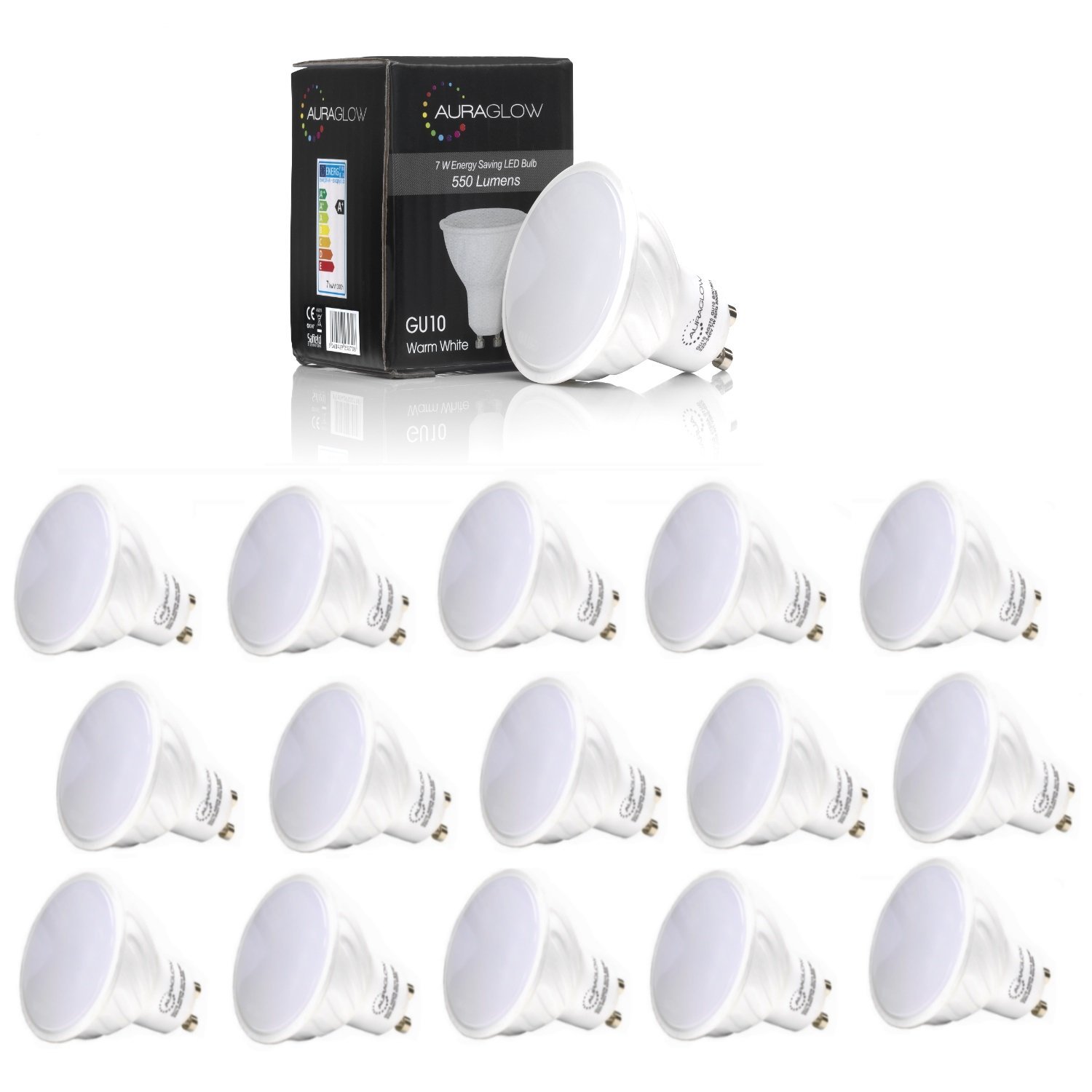 Auraglow Bombillas LED GU10 5.5W Blanco Cálido, Equivalente 70W, Pack de 16 | Focos 550 lúmenes, luz acogedora 3000K, para cocina, pasillo y salón, empotrables, bajo consumo