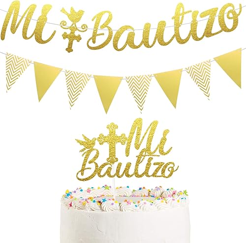 Banner dorado con purpurina Mi Bautizo para tartas Mi Bautizo, decoración de bandera triangular con purpurina para primera comunión, decoraciones