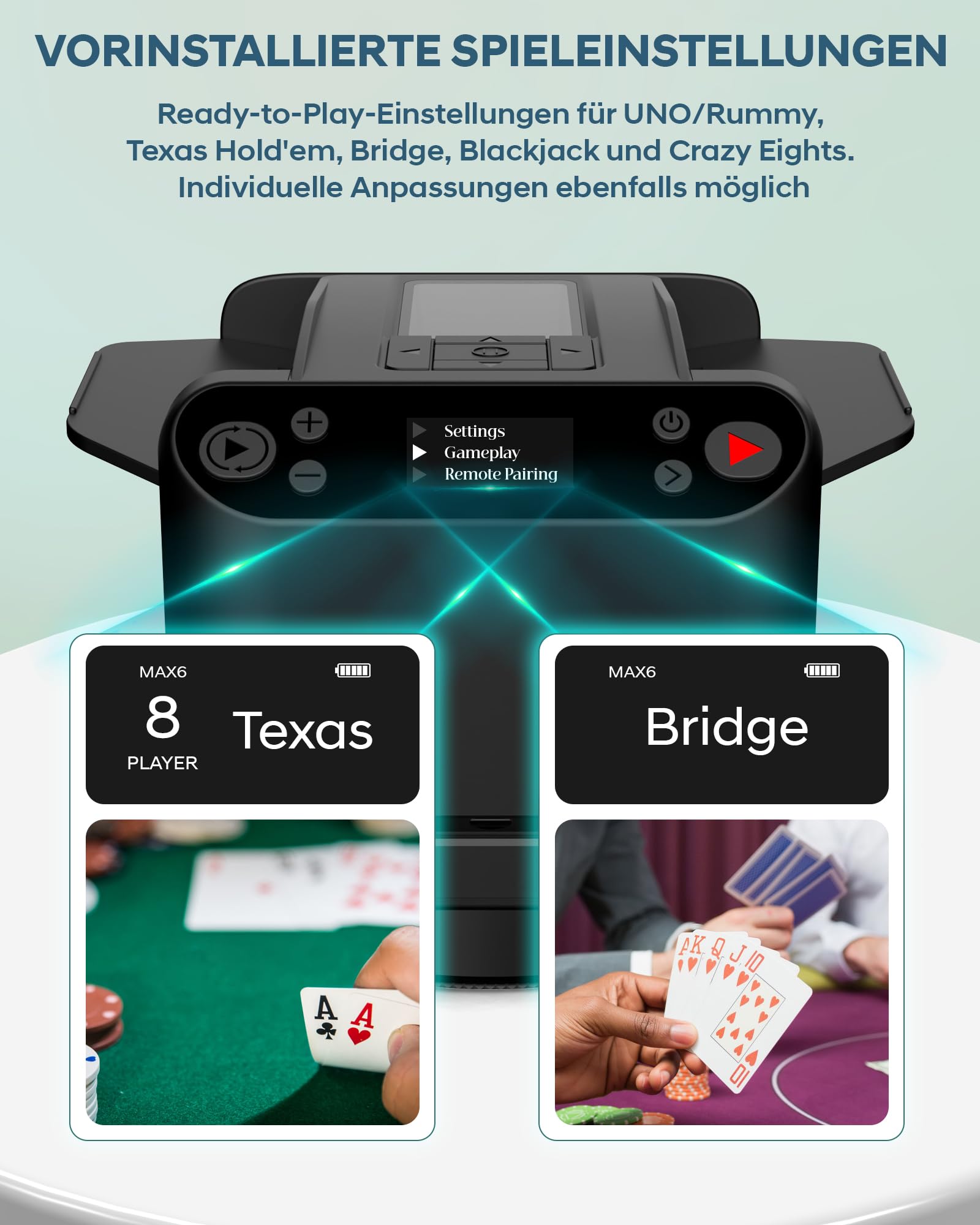 Automatischer Kartenmischer und Austeiler, 360° Drehung für 1–2 Decks, Kartenmischmaschine Kartenmischgerät mit verteiler, 2–12 Spieler mit 4 Fernbedienungen, Wiederaufladbar, Leise für Poker Schwarz