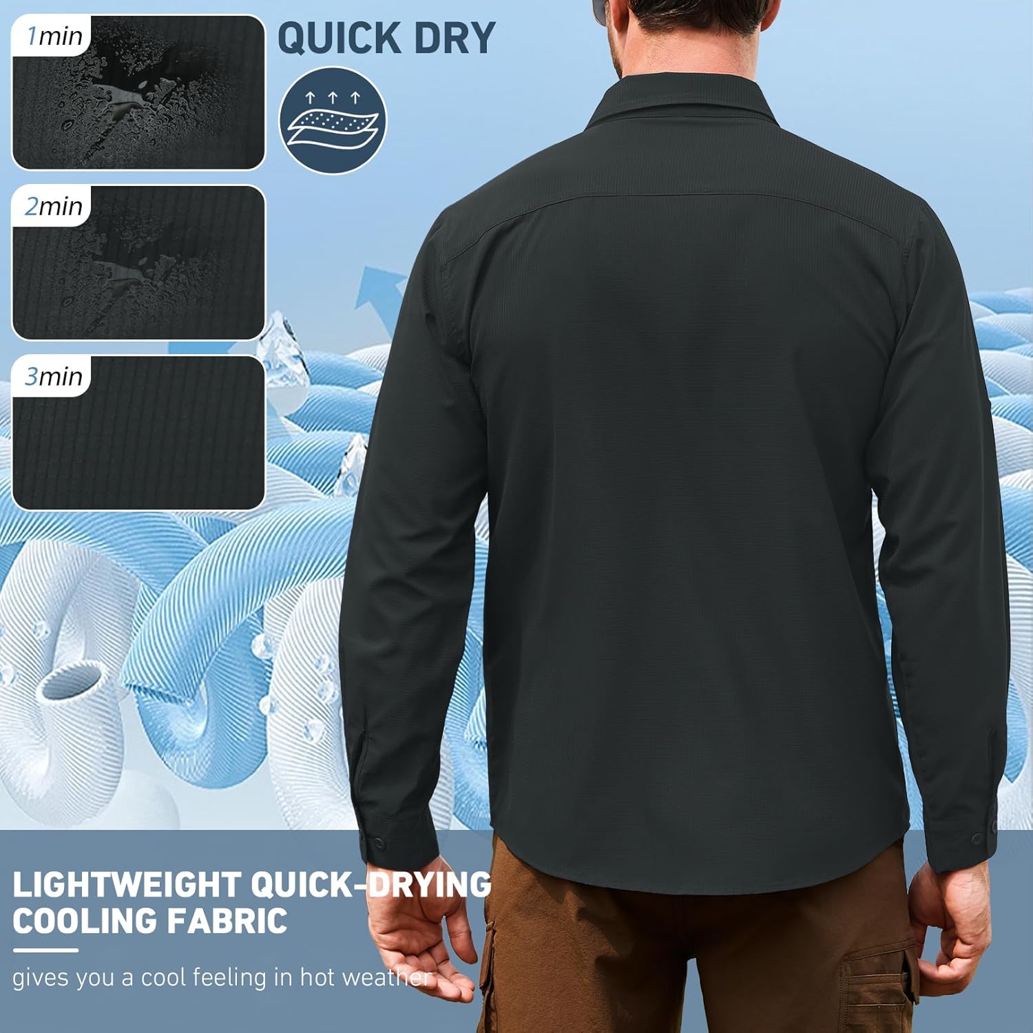 Men's Safari Hiking UPF 50+ UV Long Sleeve Button Work Shirt Lightweight Quick Dry Sun Protection Fishing Shirts