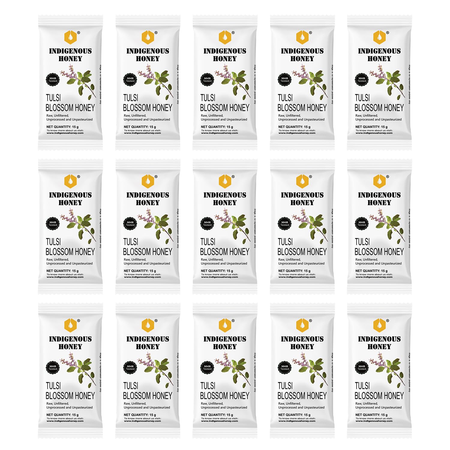 INDIGENOUS HONEY Natural Raw Tulsi Honey Organic Pure Unprocessed Added Sugar free NMR Tested Unpasteurized Unheated - 15 Gift Sachets, 15g Each, Total 225g