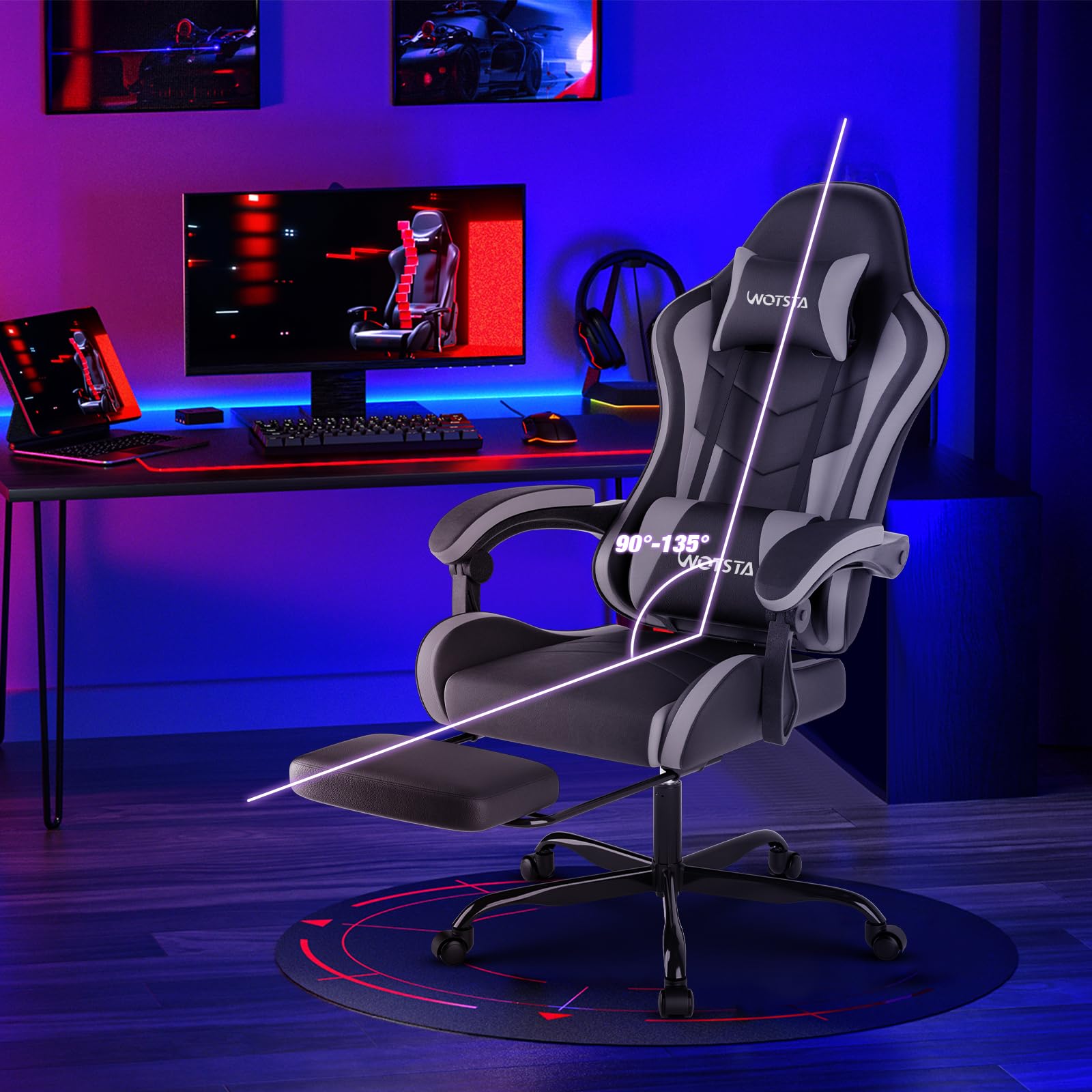 Chaise Gaming, Fauteuil Gamer avec Massage Lombaire, Chaise Ergonomique Repose-Pieds Rétractable, Siège Gaming Confortable en Cuir, Chaise Bureau avec Dossier Inclinable à 135°, Charge 120 KG
