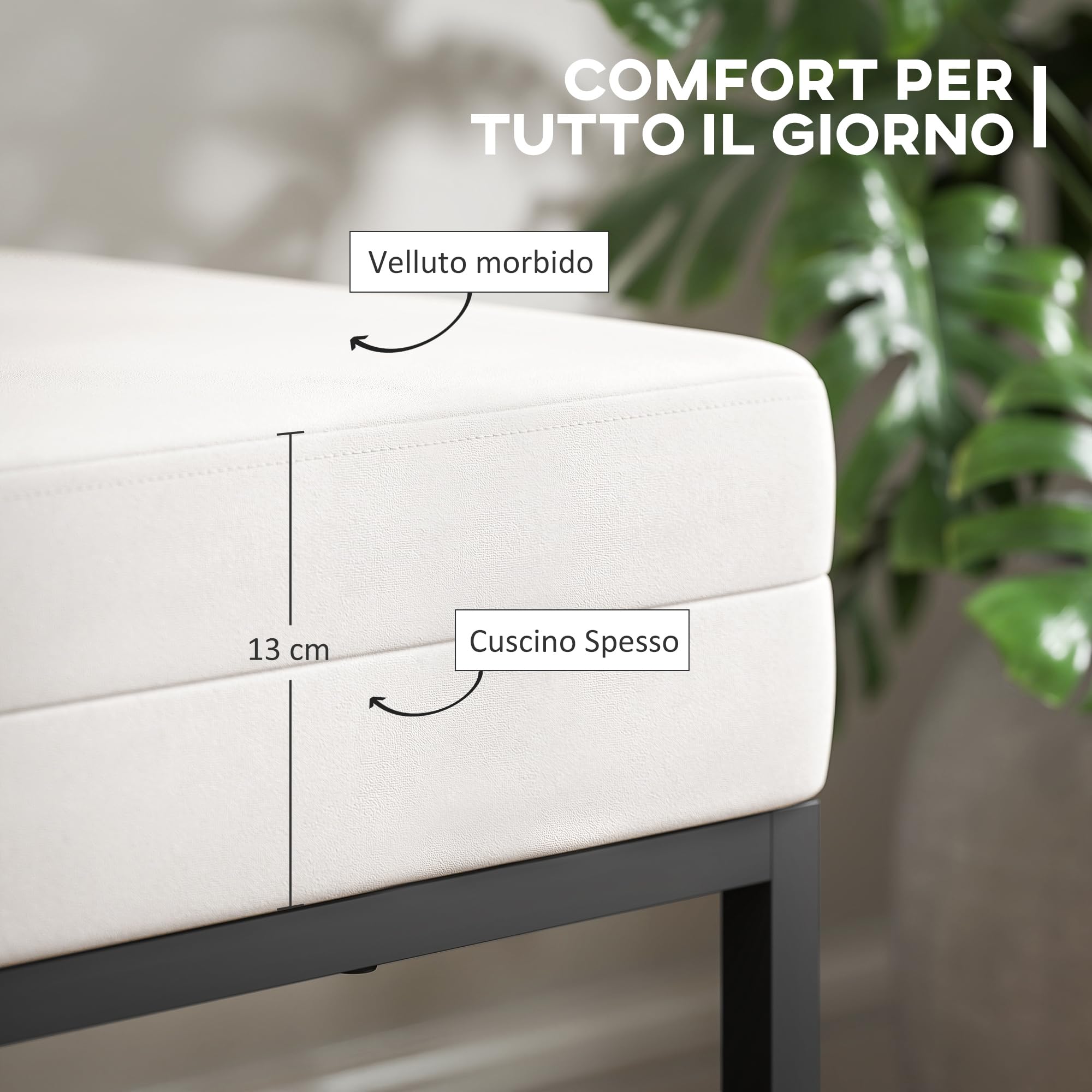 HOMCOM Panca da Ingresso Moderna e Minimal Imbottita 94x42x44 cm Crema | Piedini Regolabili, Panca Camera da Letto, Tessuto Effetto Velluto e Acciaio