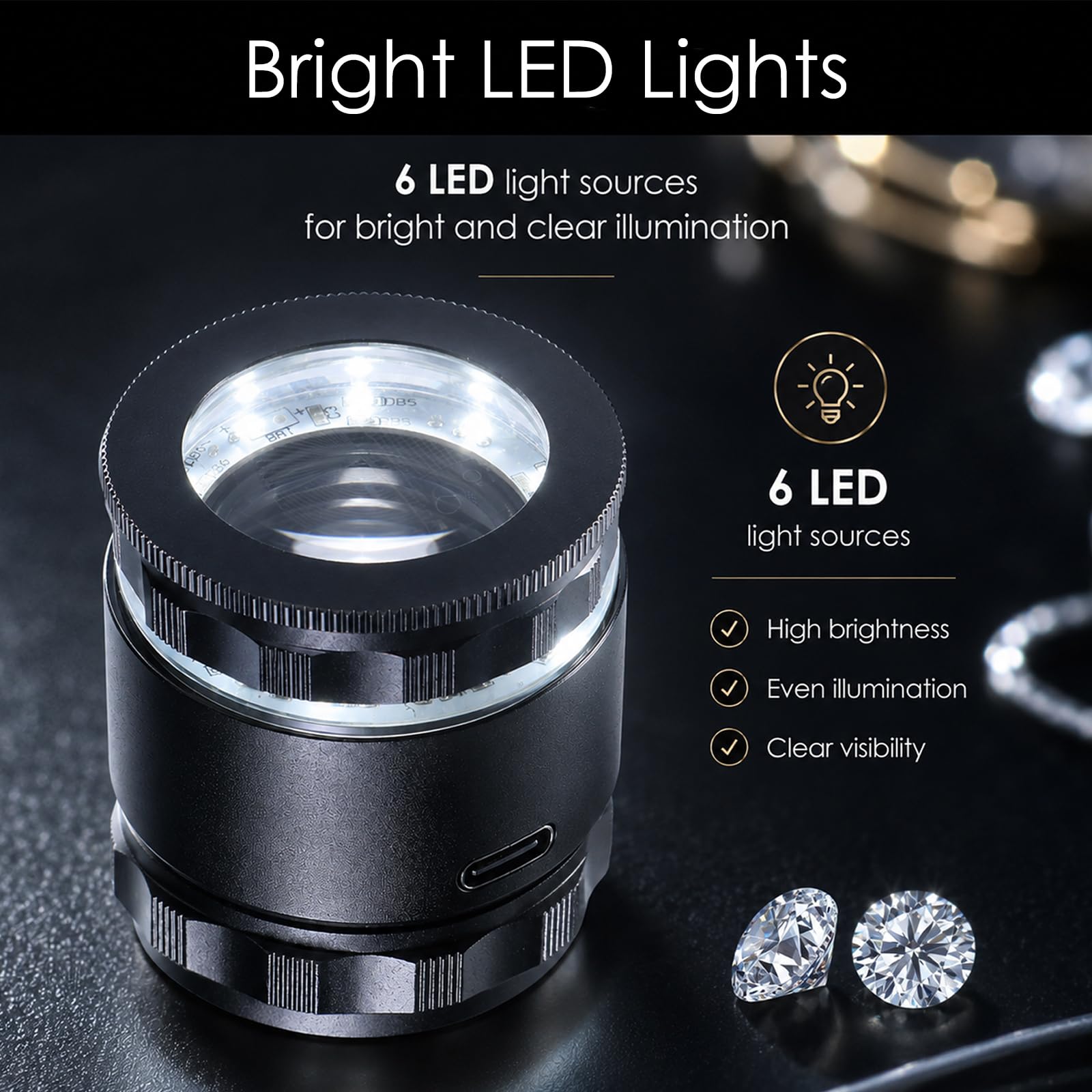 10-fache wiederaufladbare Lupe mit 3 Glasabsehskala, Juwelierlupe mit abnehmbarer Multifunktionsskala, Juwelierlupe mit LED-Licht für Münzen, Briefmarken, Schmuck