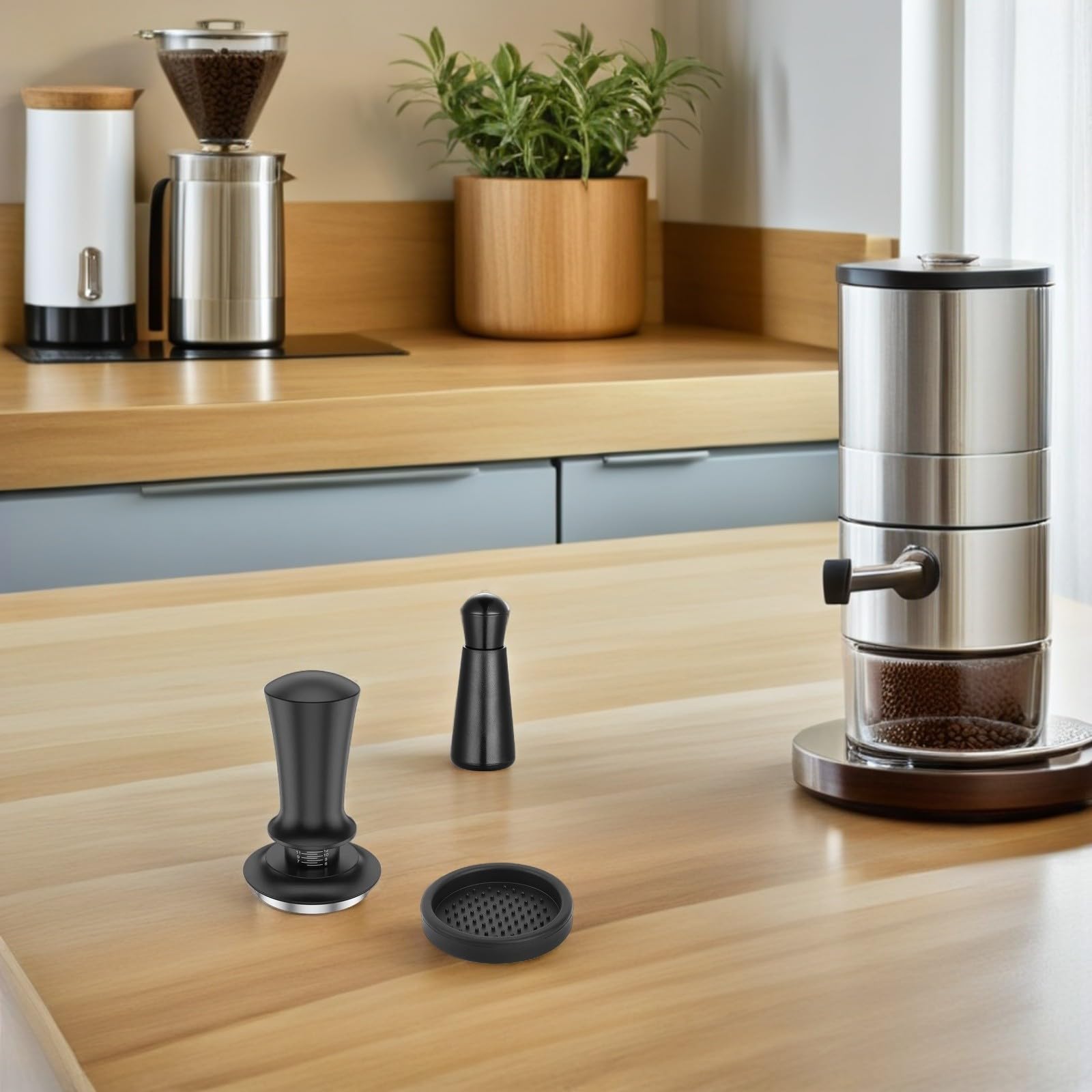 GALPADA Edelstahl Espresso Kaffeestampfer Satz mit Präzisem Dosierring und Nadelverteiler Silikonmatte Kompatibel mit Espressomaschinen Einfache Reinigung Schwarz