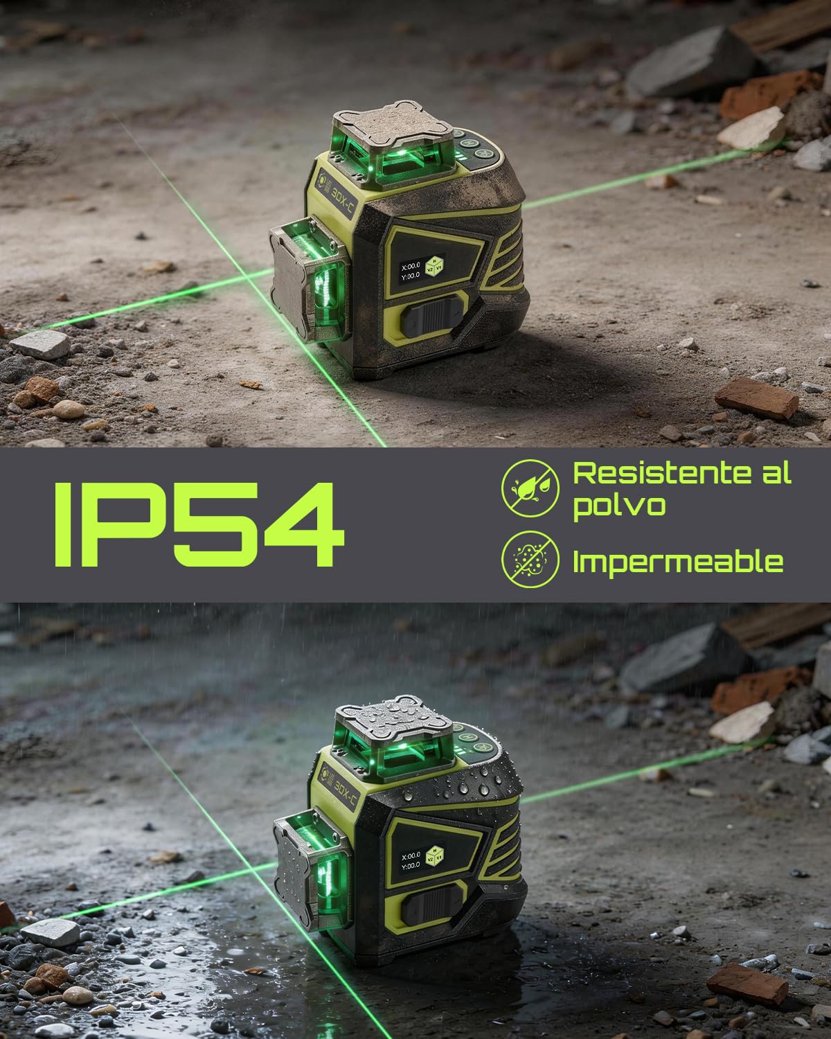 LASGOO 3DX-C Nivel Láser Verde con Pantalla LCD, Mando a Distancia & Soporte