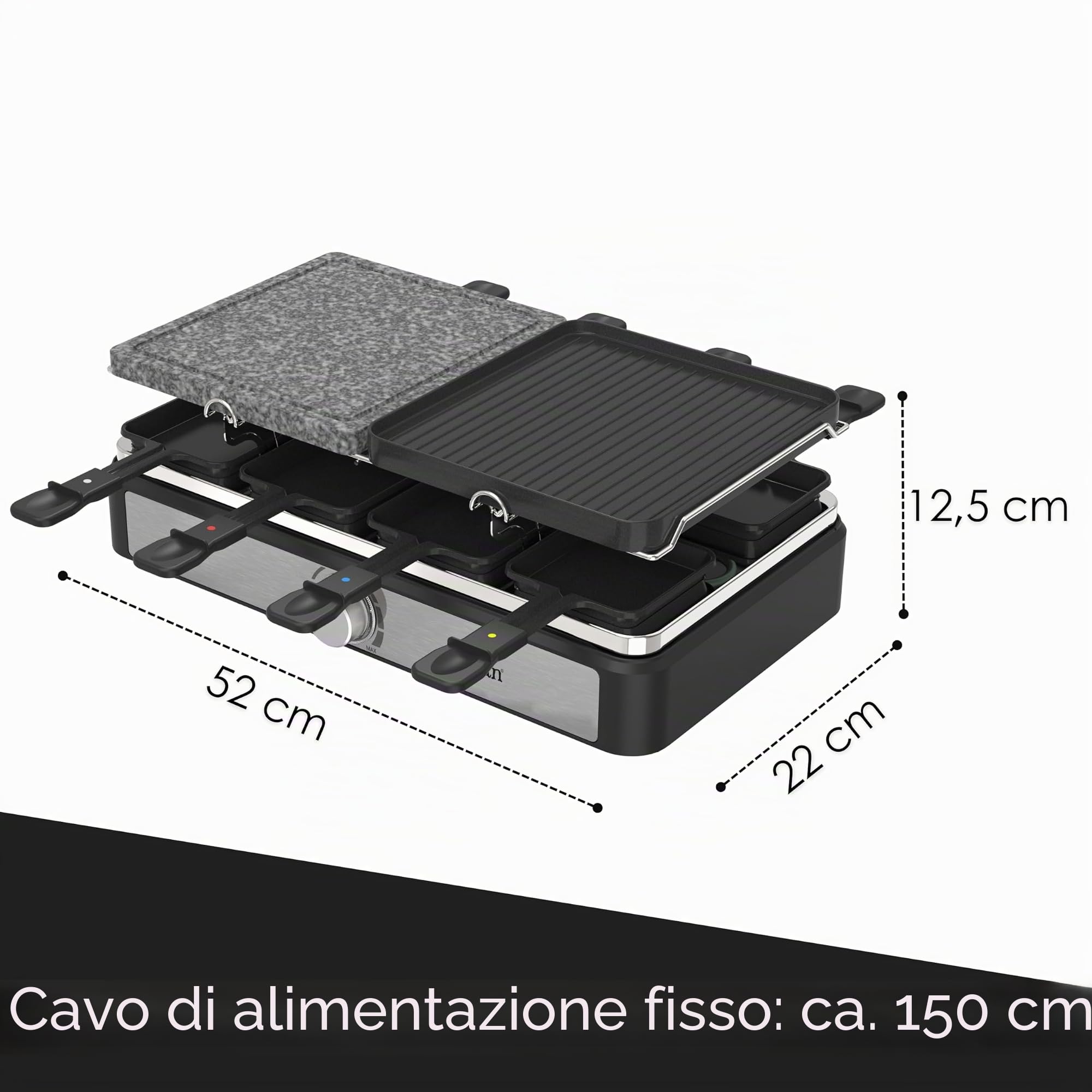 Dispositivo per raclette per 8 persone, griglia da tavolo, barbecue elettrico, con piastra in pietra naturale e rivestita, elemento riscaldante in acciaio inox, 1400 Watt
