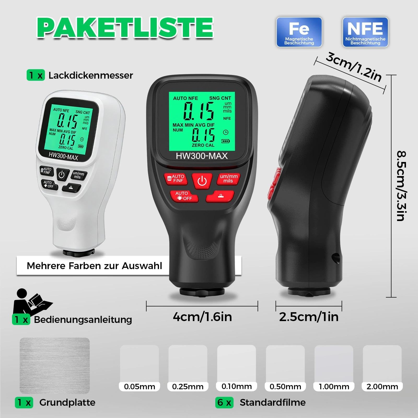 Digitales Schichtdickenmessgerät, 0-2000µm Lackmessgerät Auto Lackdickenmessgerät für Auto, Einheitenumrechnung (µm/mm/mils), ABS Lackschichtdickenmessgerät zum Messen (Black)