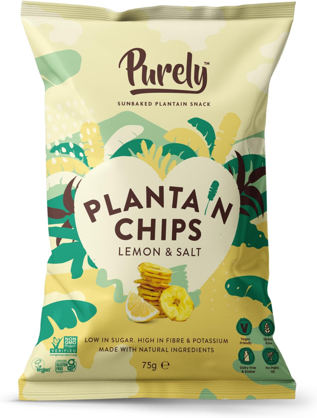 Purely Plantain Chips - Low Fat Plantain Crisps - Gluten Free Snacks - Healthy Alternative Snack Multipack - Vegan, Nutritious & All Natural - Lemon & Salt - 75g x 10 Pack