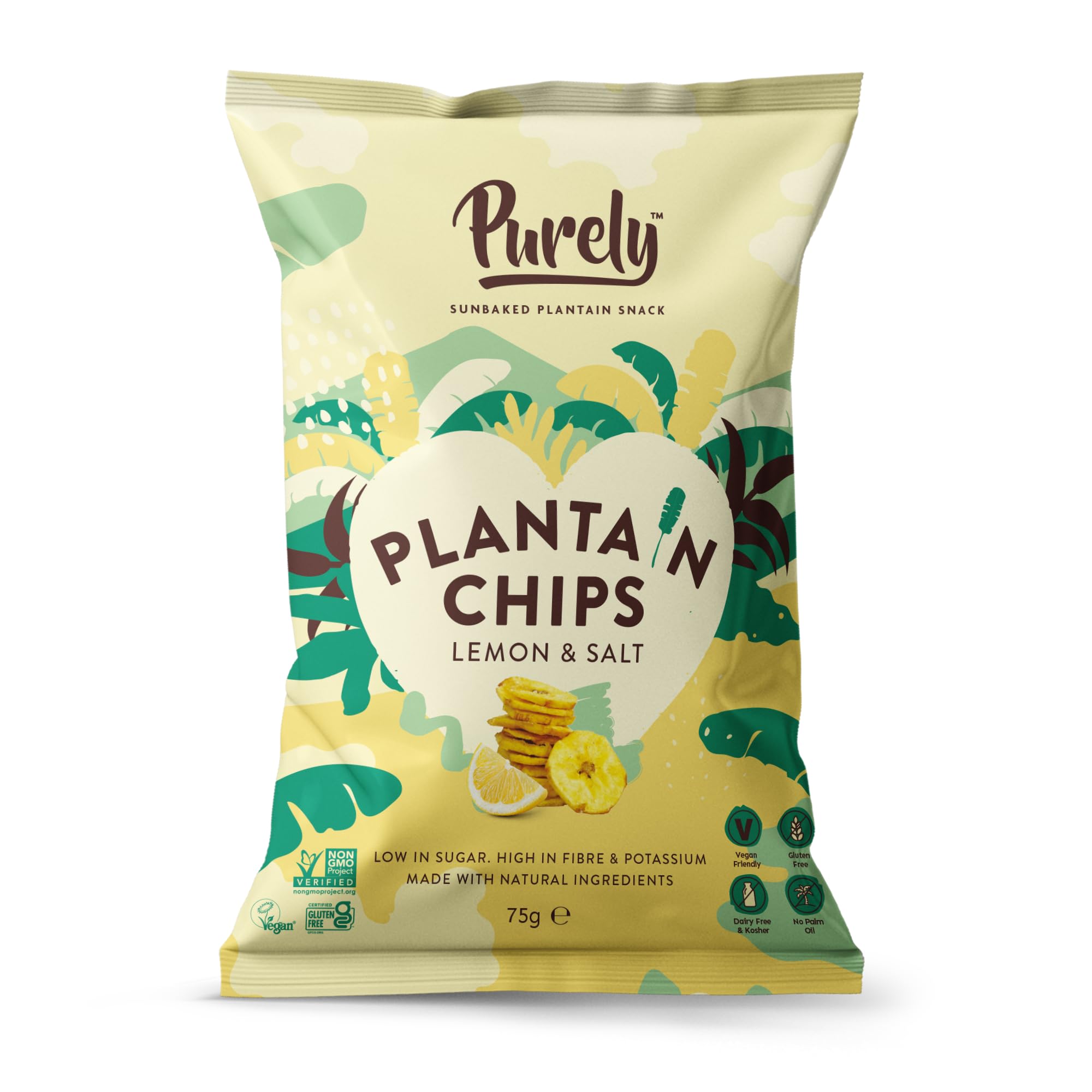 PurelyPlantain Chips - Low Fat Plantain Crisps - Gluten Free Snacks - Healthy Alternative Snack Multipack - Vegan, Nutritious & All Natural - Lemon & Salt - 75g x 10 Pack