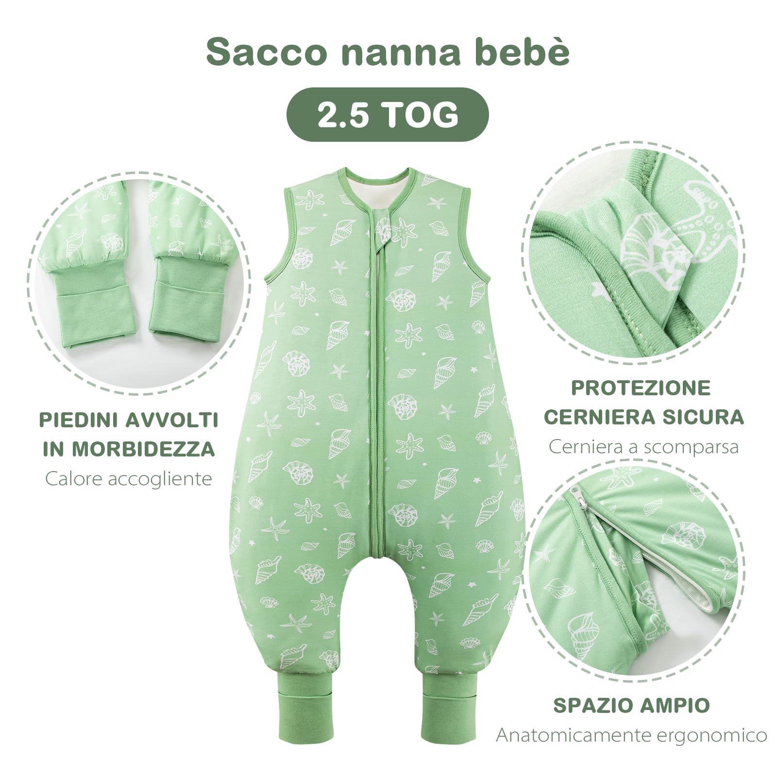 ToyaTec Sacco nanna con piedi, 2,5 Tog, super morbido, realizzato in rayon di bambù, per bambini, in fibra di bambù, per l'inverno, per l'autunno e l'inverno (verde, 100cm (3-5 Jahre))
