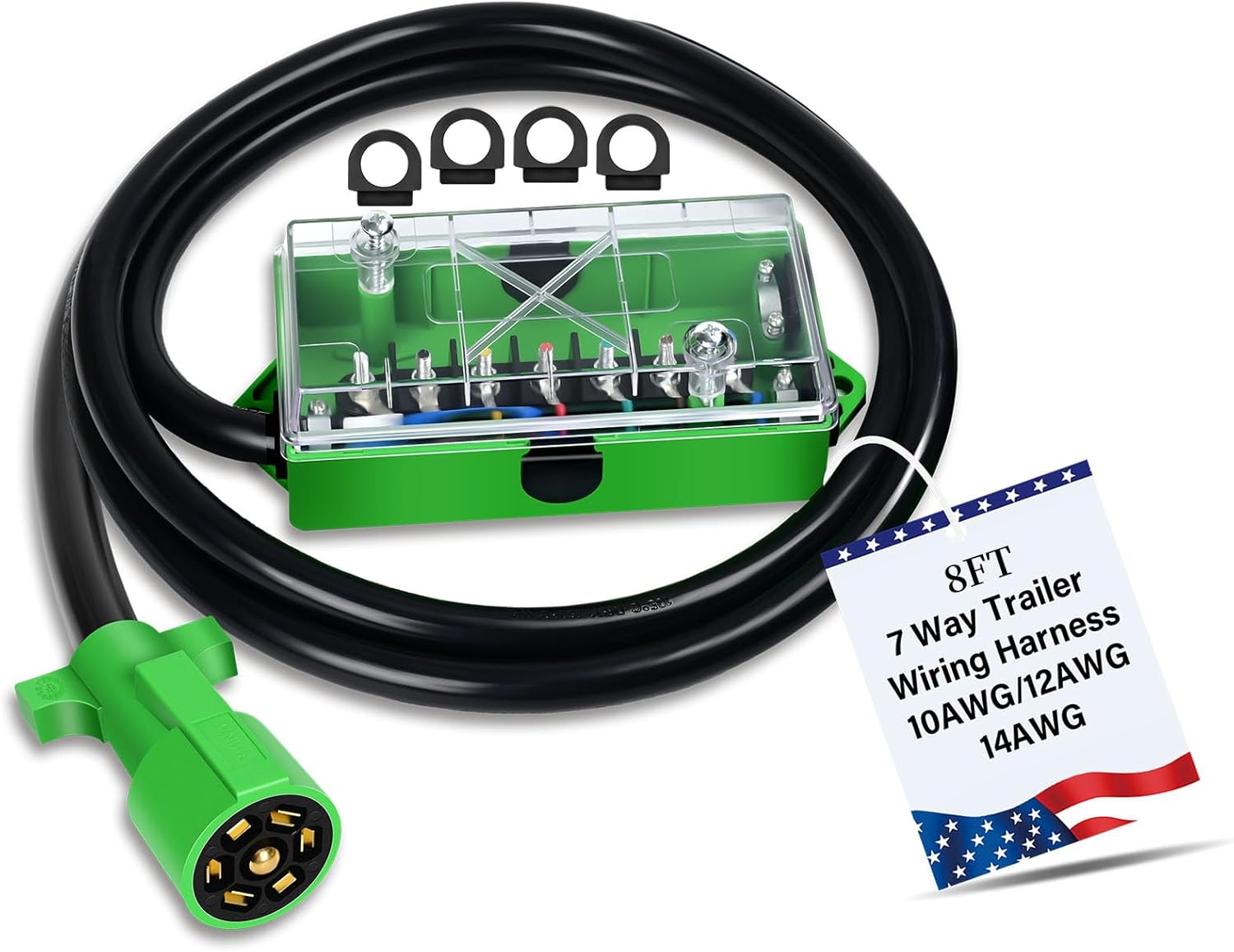 6 FT 7 Pin Trailer Wiring Harness with 7 Gang 7 Pin Trailer Junction Box Pure Copper 7 Way Plug Extension, Heavy Duty 7 Pole 7 Way Junction Box Waterproof