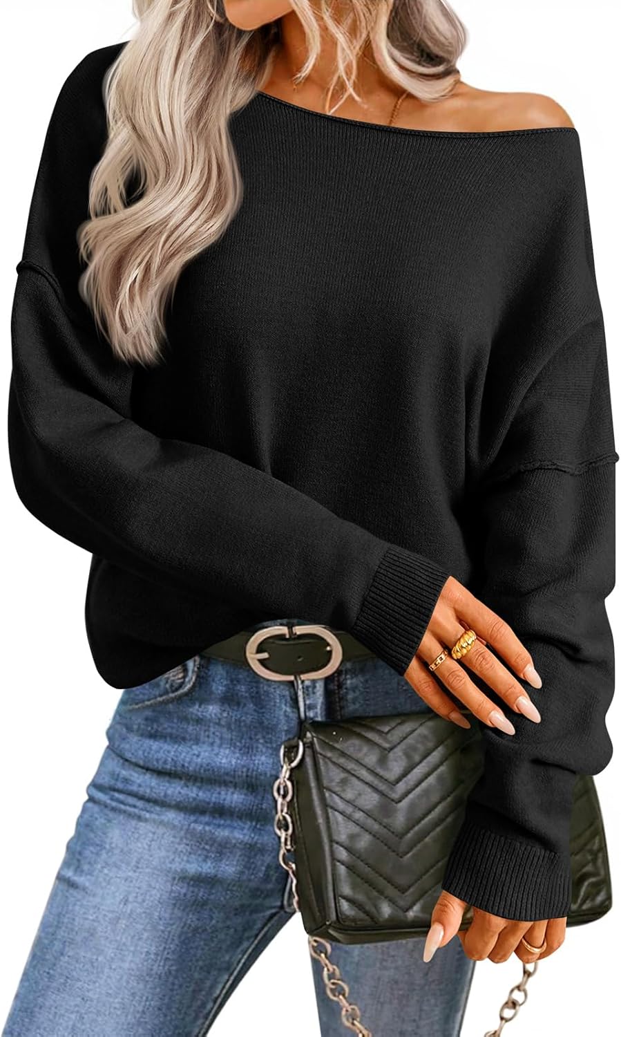 Saodimallsu Womens Off The Shoulder Sweater Boat Neck Batwing Sleeve Knit Pullover 2025 Cute Casual Trendy Jumper Tops