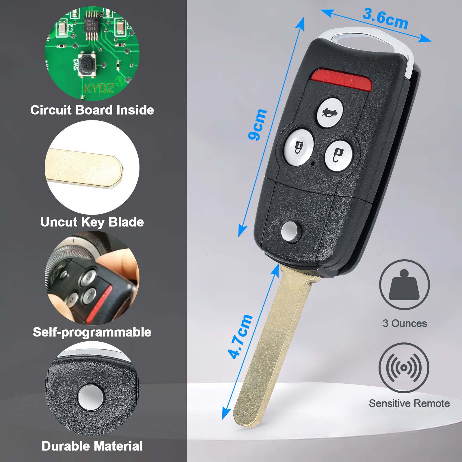 Keymall Telecomando di ricambio per chiavi auto per Acura MDX/RDX 2007 2008 2009 2010 2011 2012 2013 FCC ID:N5F0602A1A P/N:35111-STX-316 4 pulsanti..