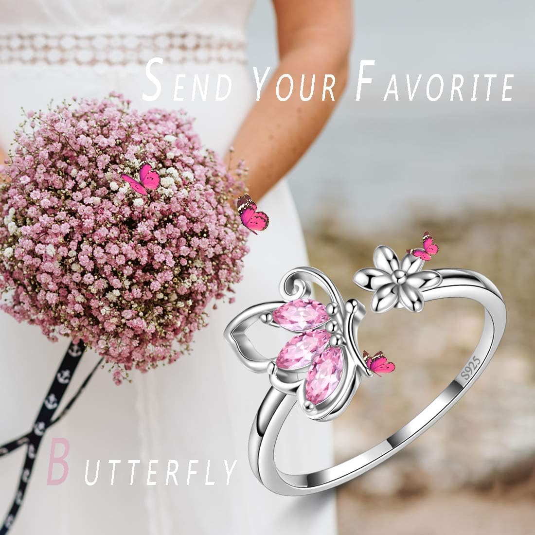Hipunk Butterfly Birthstone Rings - Women 925 Sterling Silver Bands Statement Birth Stone Animal Butterflies Adjust Ring Crystal Birthday Jewelry